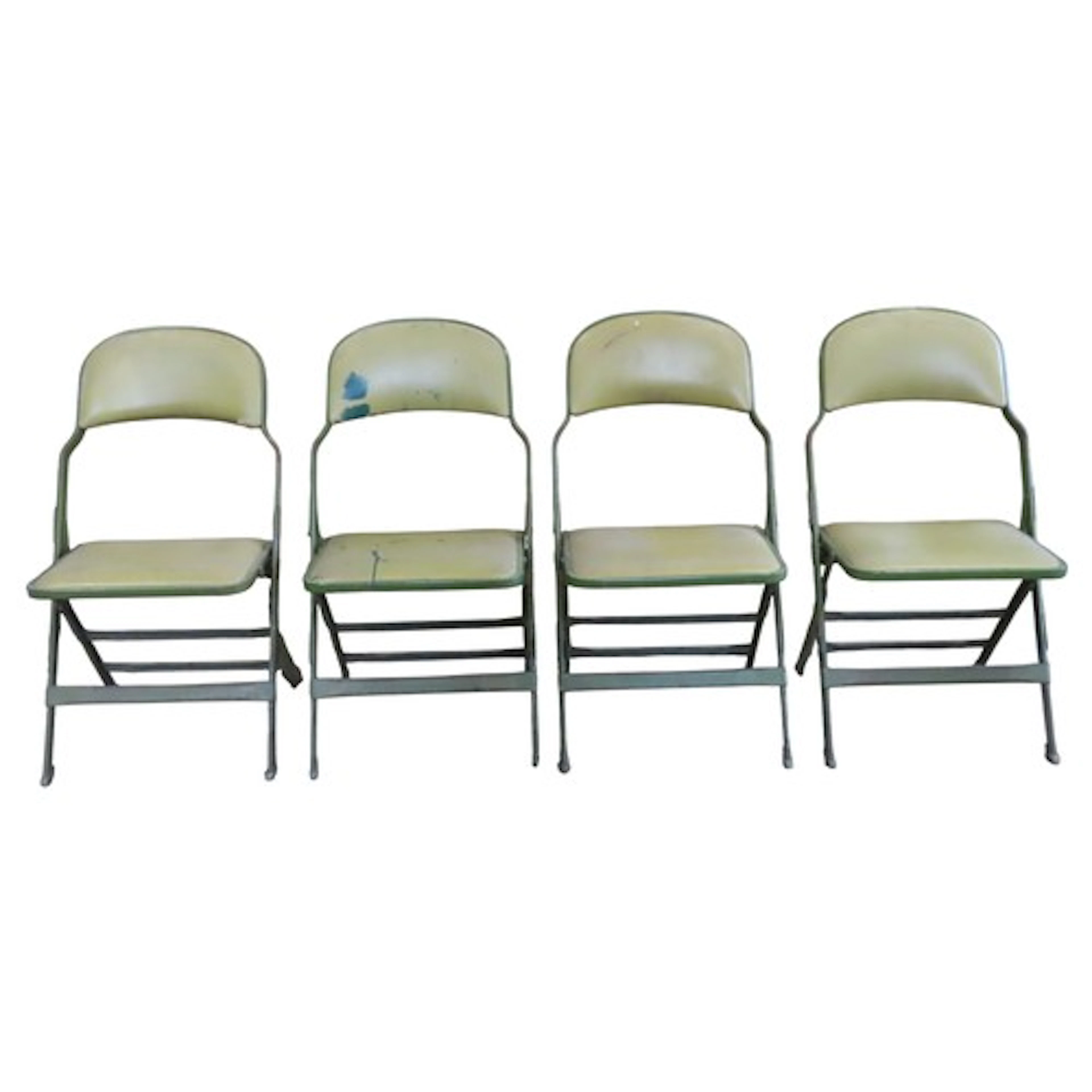 A set of four vintage green painted folding steel framed cha...