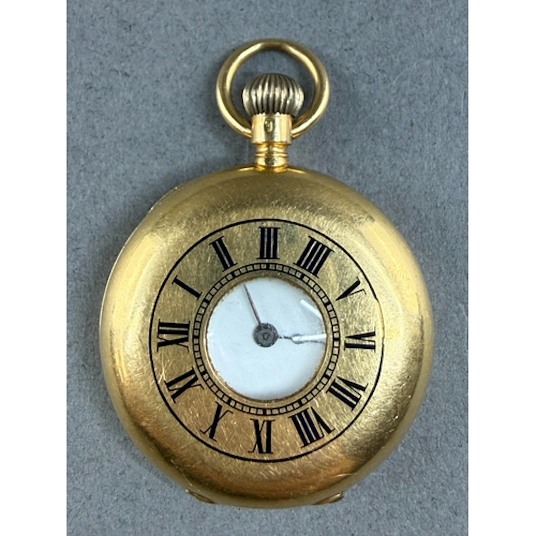 Watches: a yellow metal half hunter fob watch, bearing Conti...