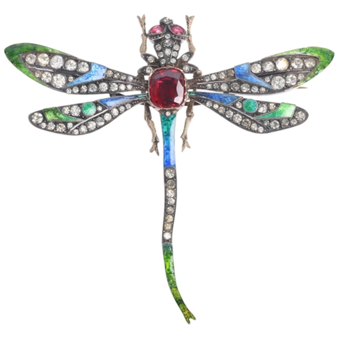 A large Antique silver-gilt paste and enamel dragonfly brooc...