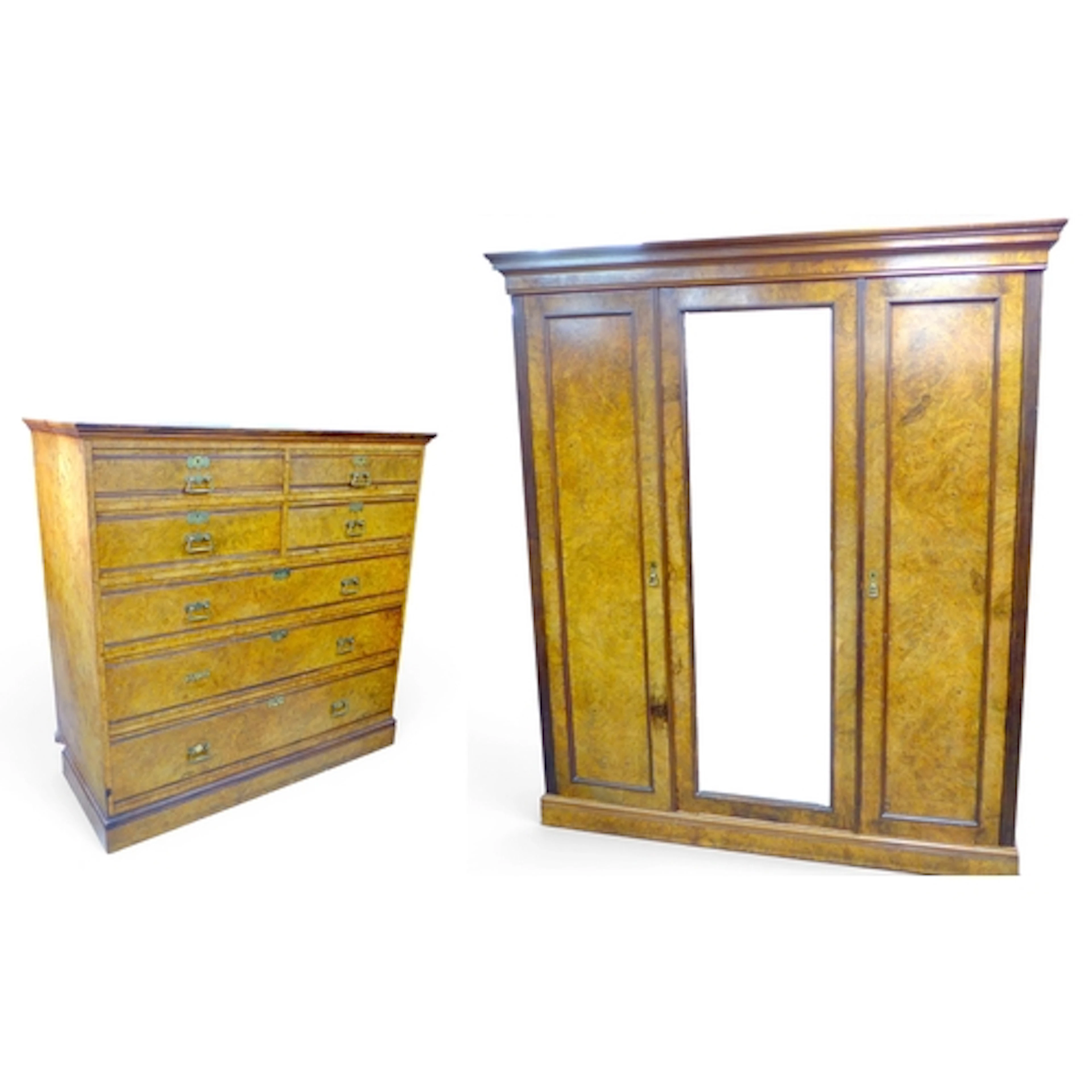 A VICTORIAN 5-PIECE BURR WALNUT PART BEDROOM SUITE. of high ...