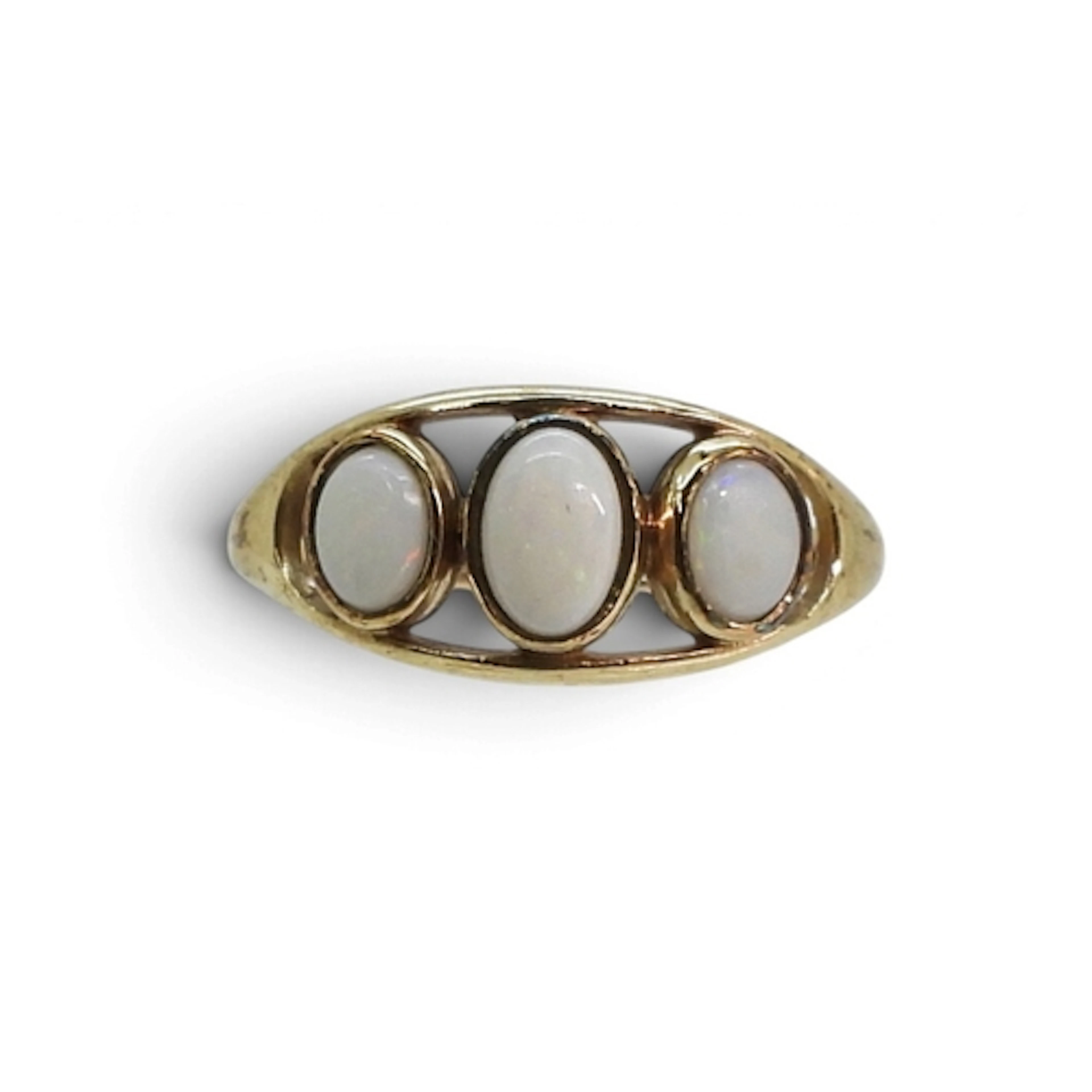 A 9ct gold three white opal ring, finger size Q, weight 2.3g...