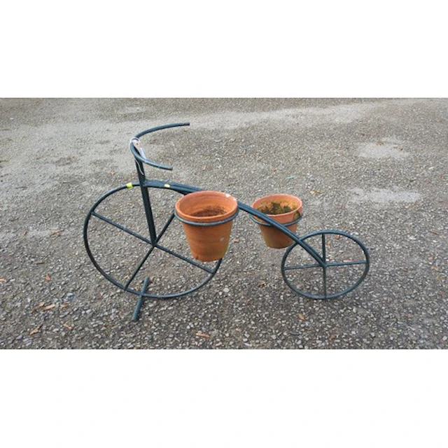 Bicycle-form garden planter in painted tubular metal, with s...