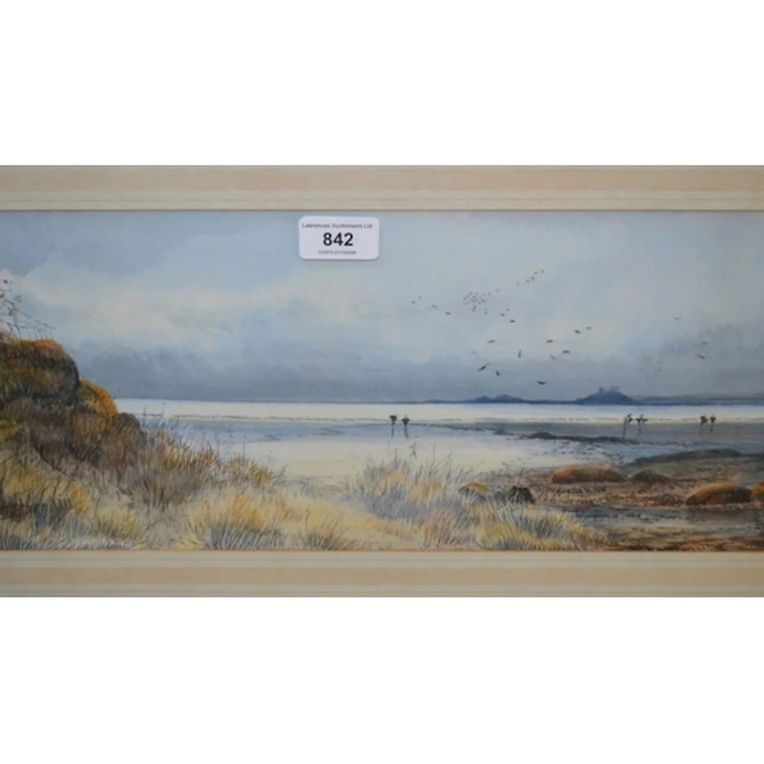 Pair of watercolours, coastal scenes with figures, signed in...