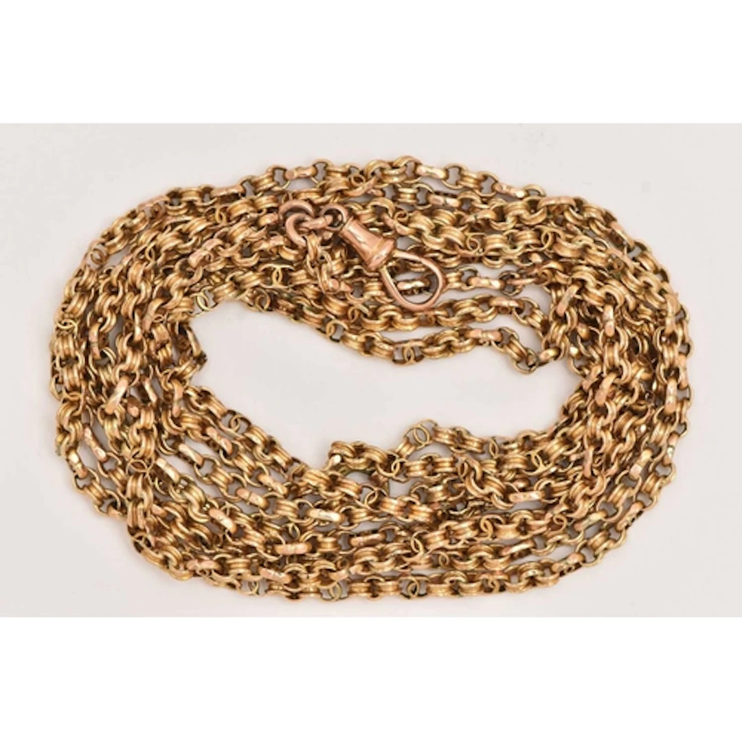 A YELLOW METAL LONGUARD WATCH CHAIN, fancy belcher chain fit...
