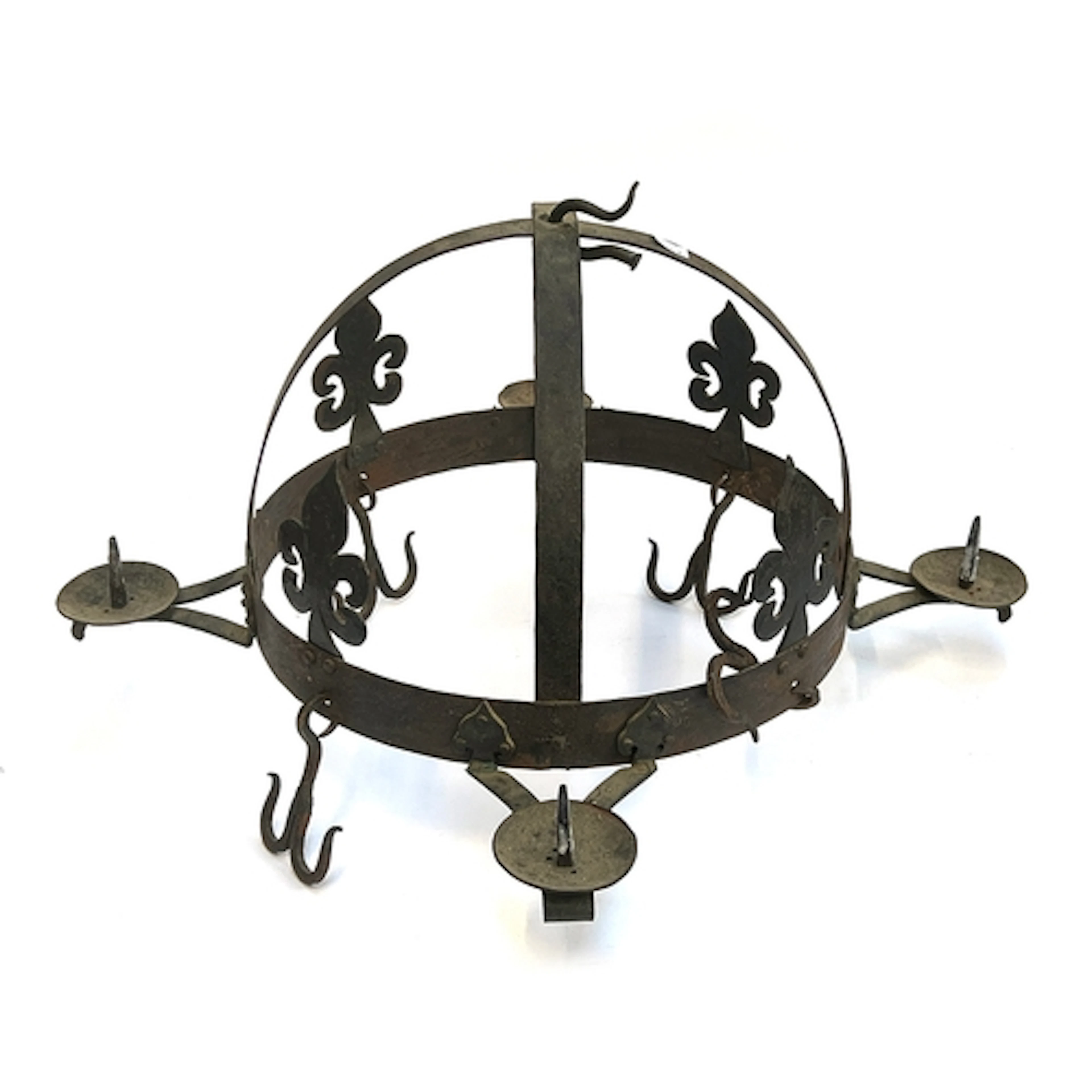 A wrought iron game crown, converted as a four fitting cande...