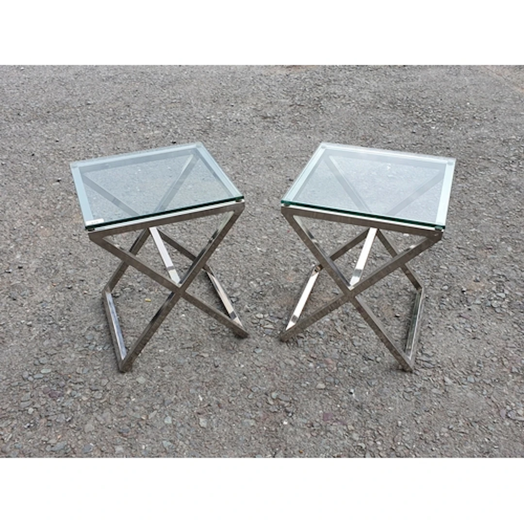 A pair of modern metal framed glass coffee Tables, (R2).
