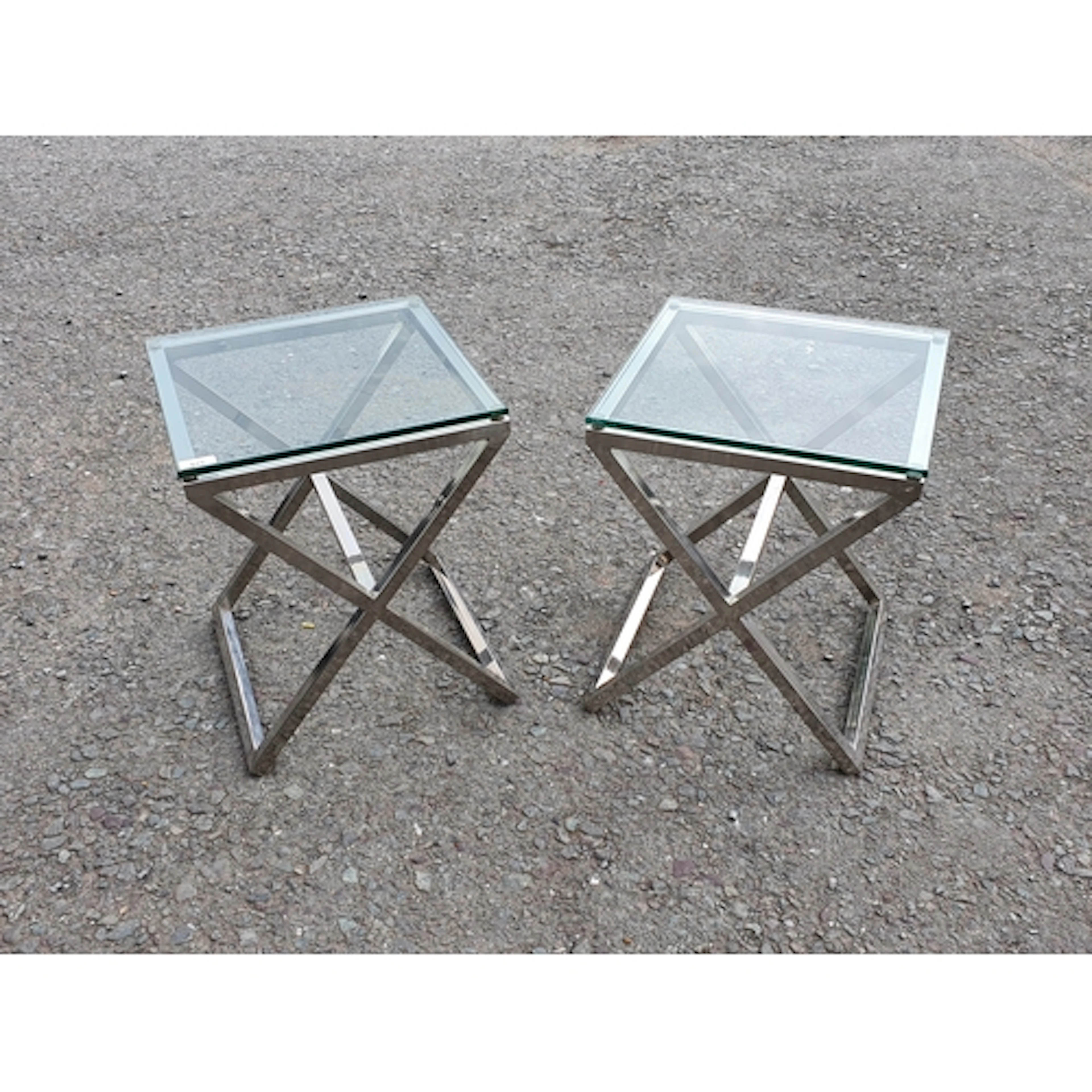A pair of modern metal framed glass coffee Tables, (R2).