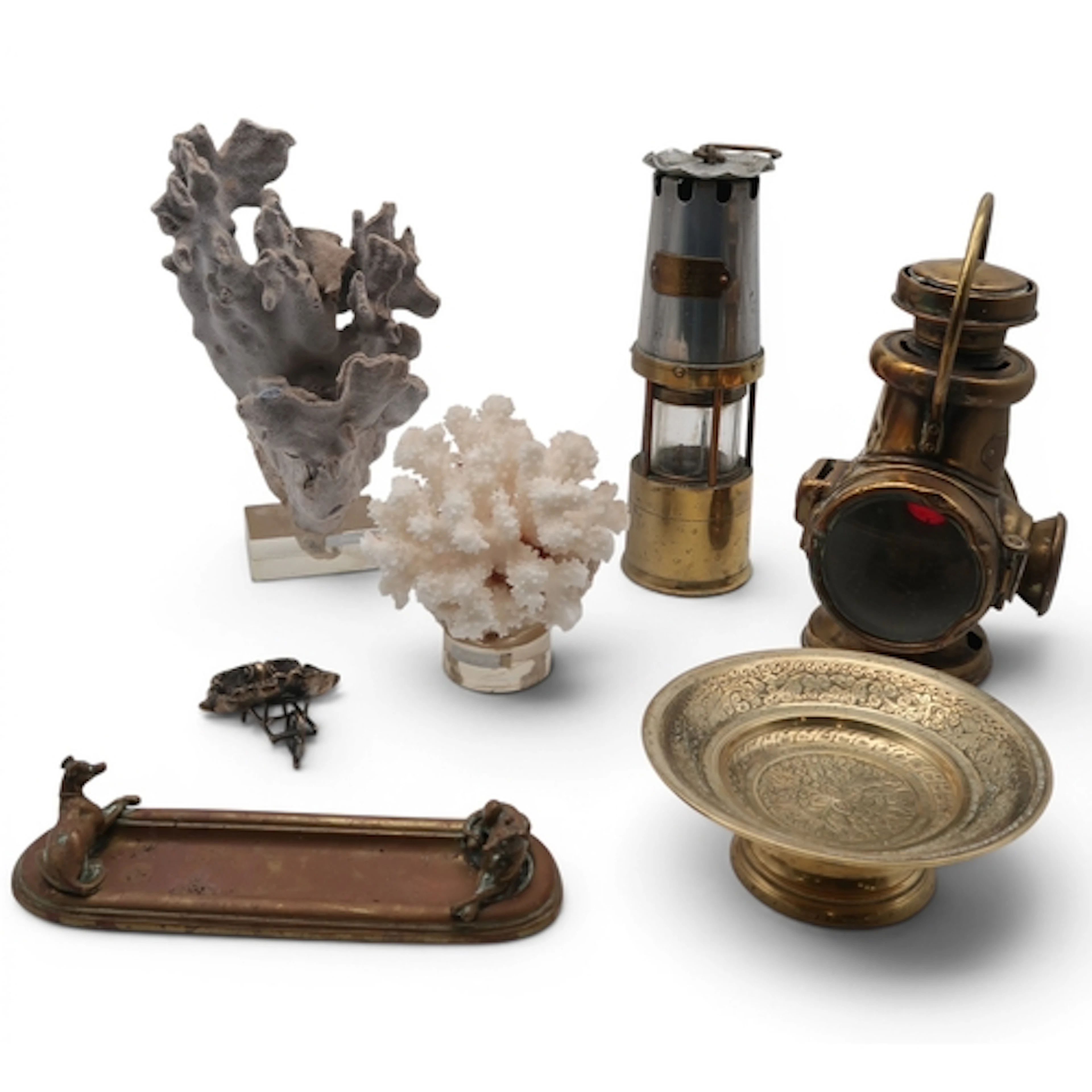 J H Naylor Ltd Wigan miners lamp, a brass ships lamp, a dog ...