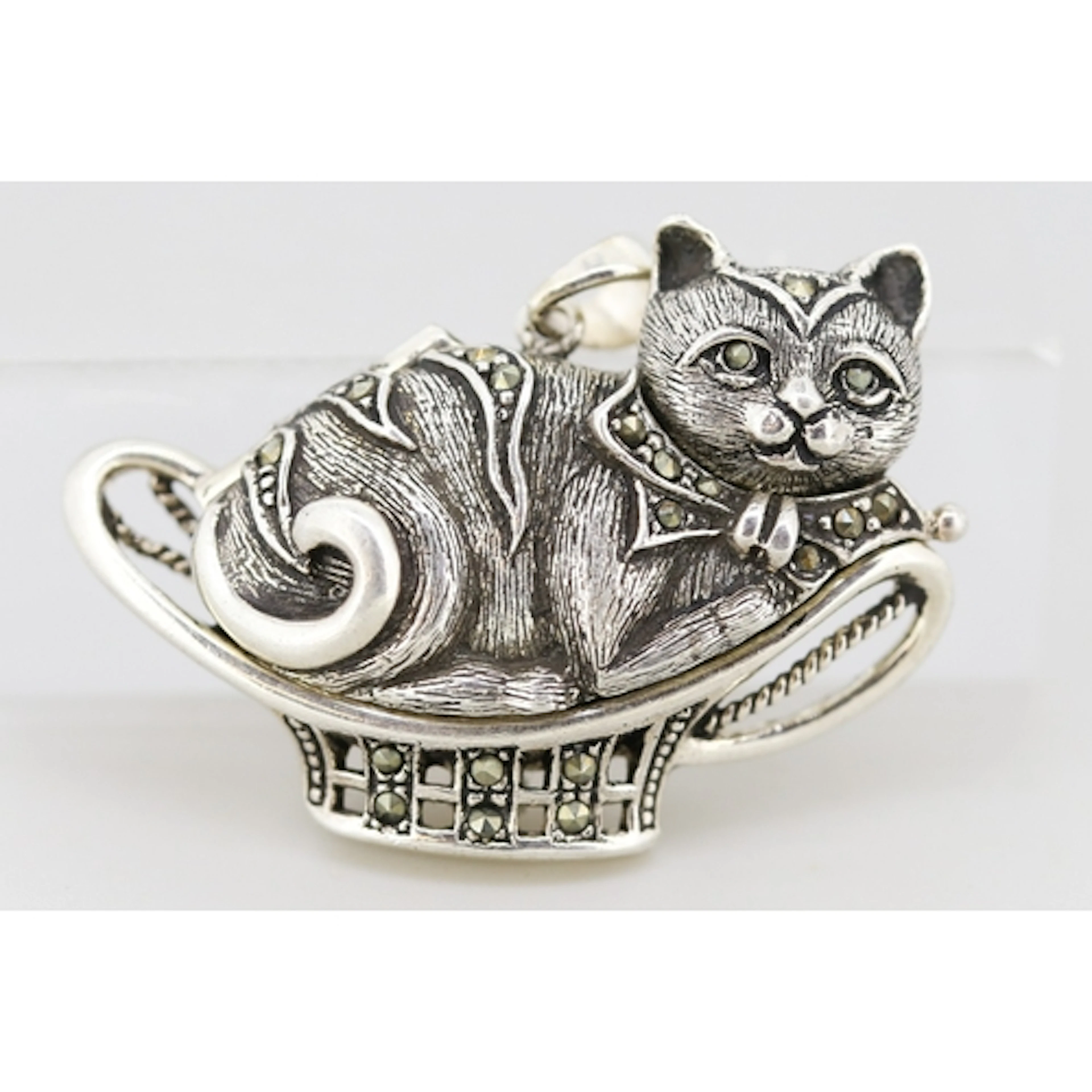 Finely Detailed Sterling Silver Marcasite Set Cat in a Baske...