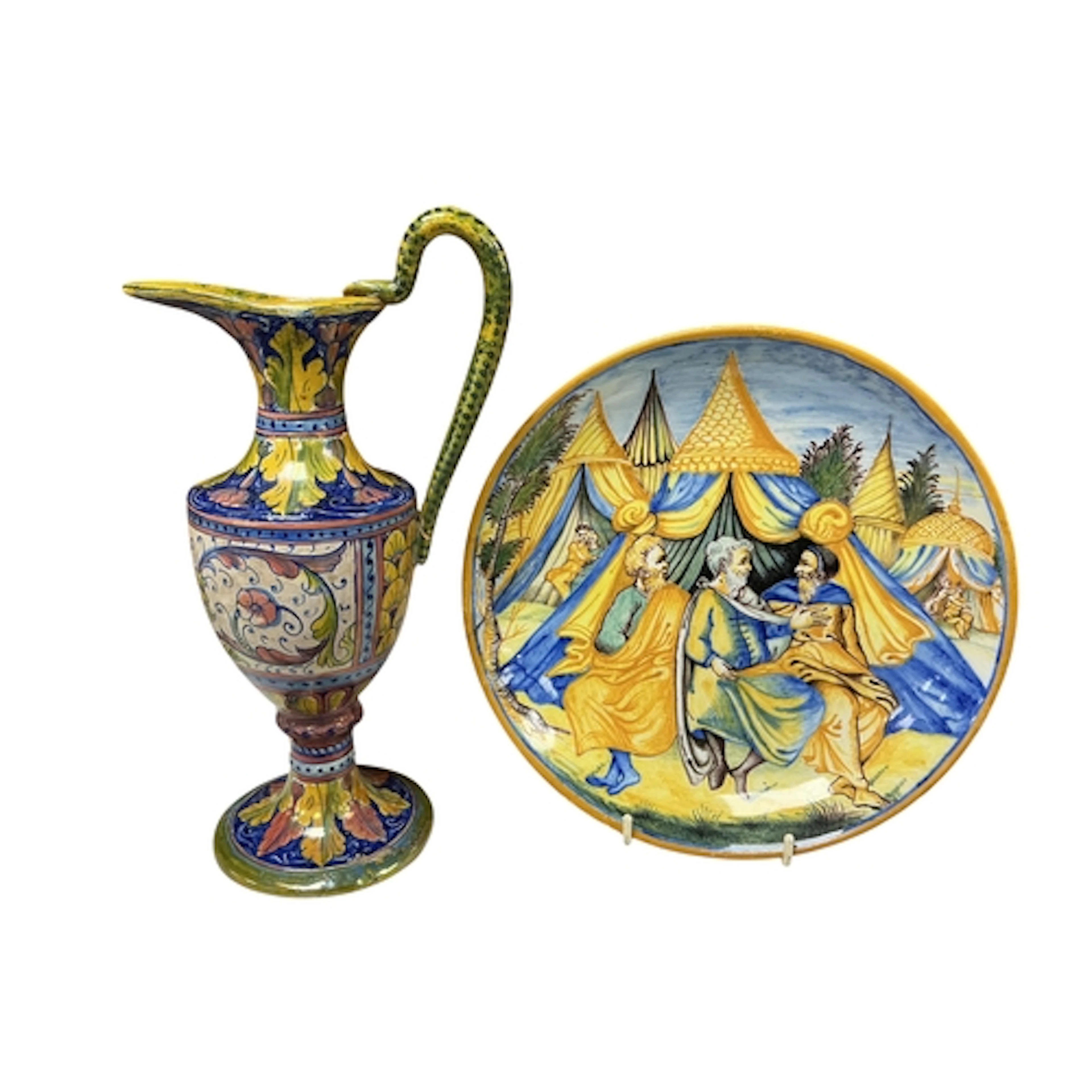 An Italian maiolica ewer and plate, decorated with foliate s...