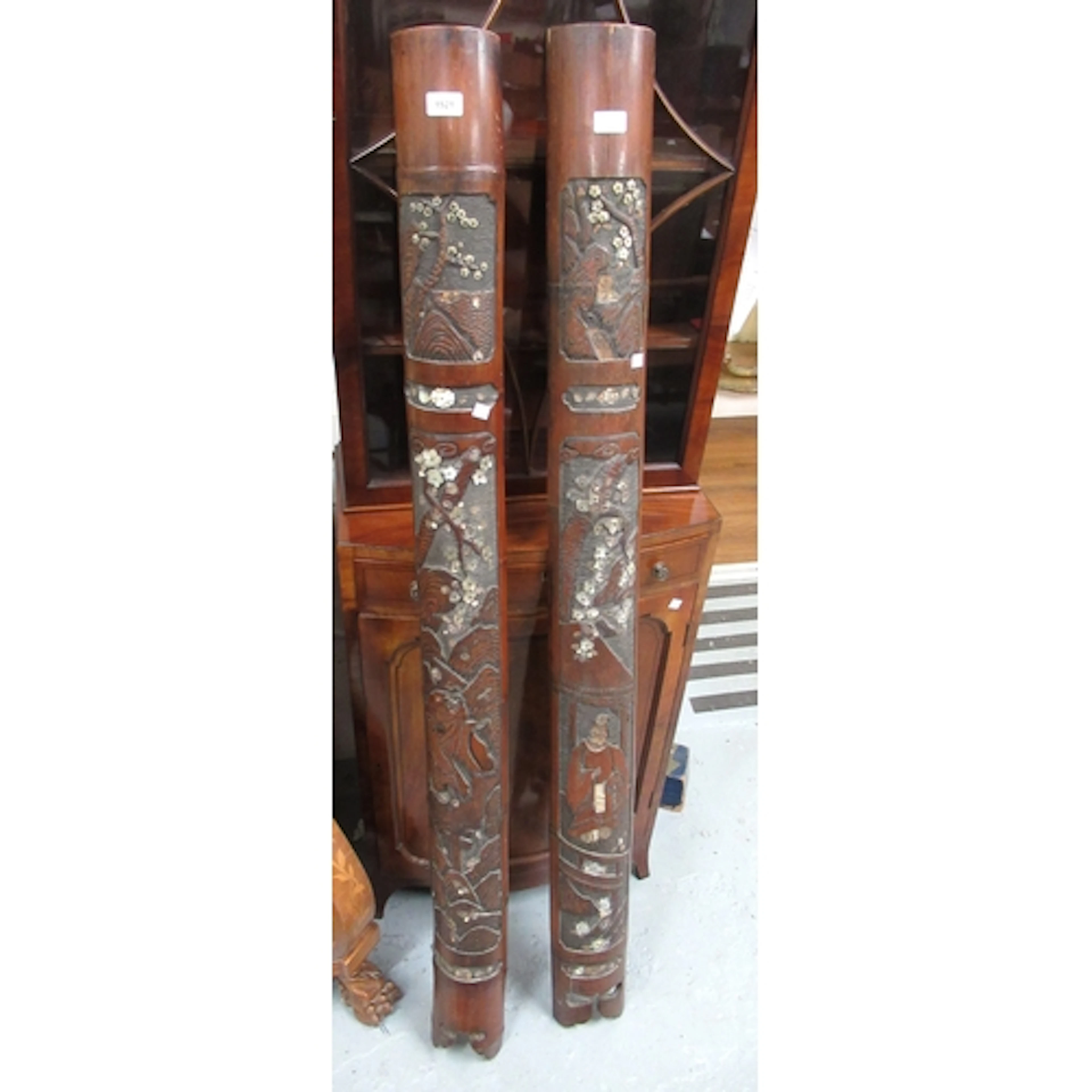 Pair of large split bamboo mother of pearl mounted and carve...