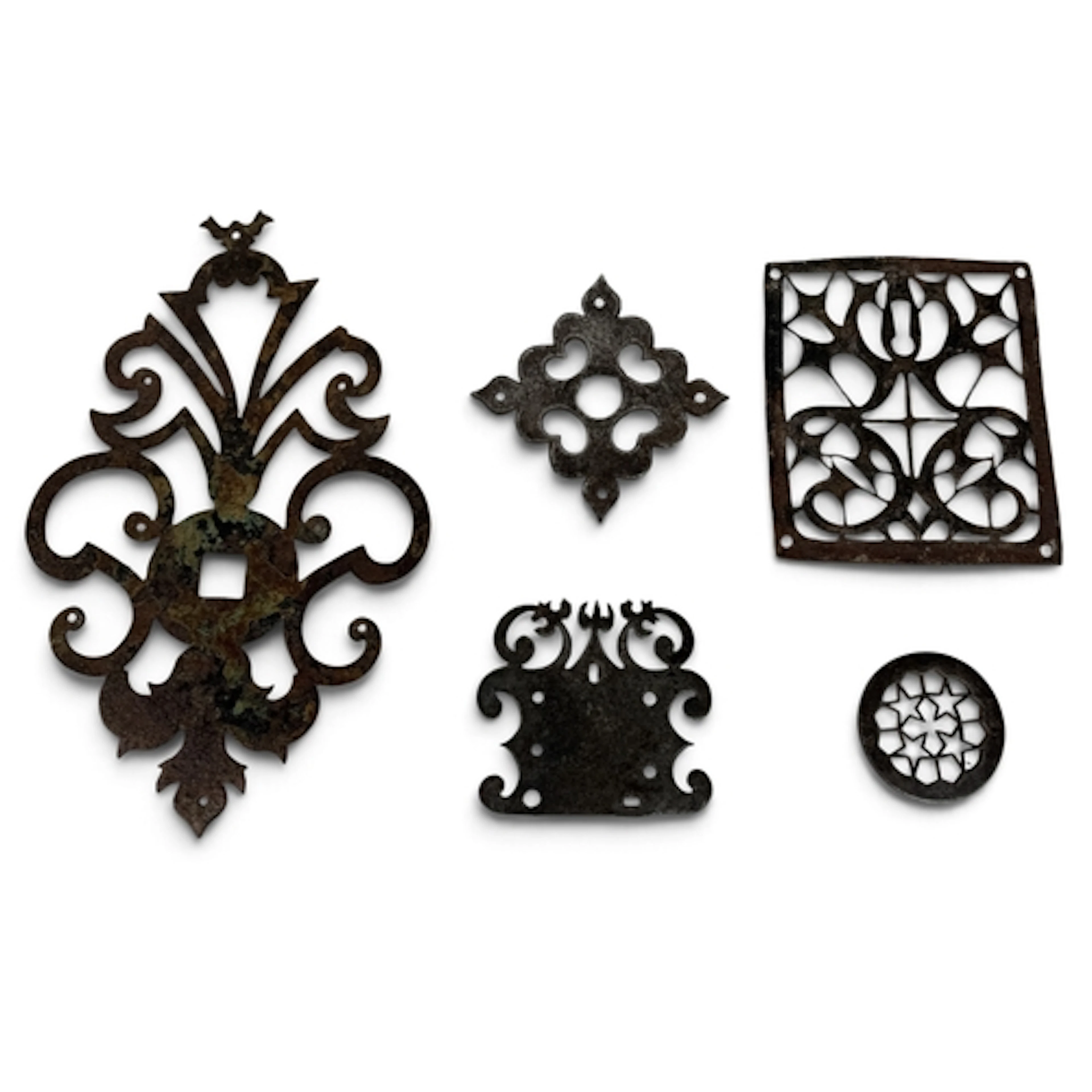 FIVE 18TH CENTURY METAL MOUNTS Largest 25cm W