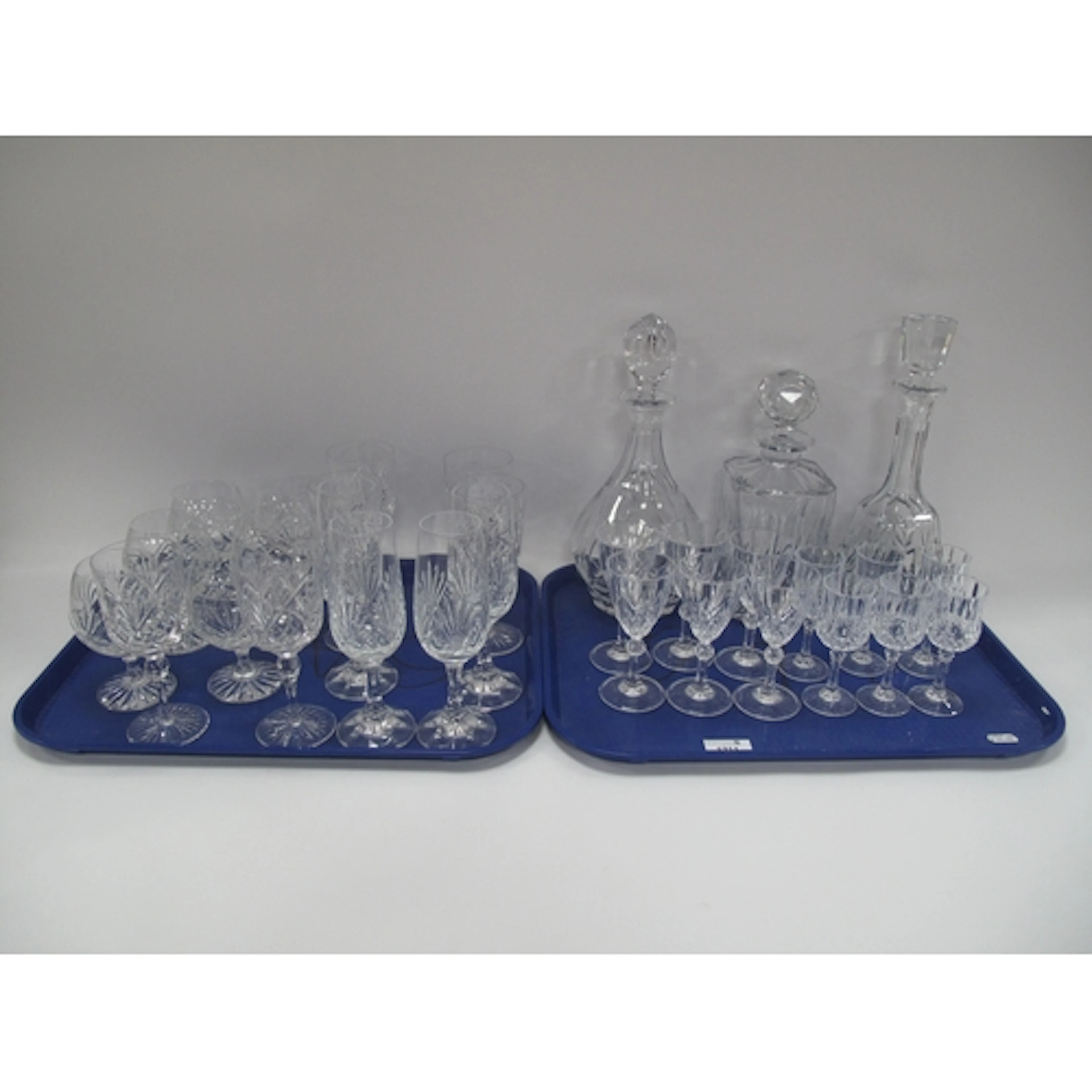 Three Cut Glass Decanters, brandy glasses, champagne flutes,...