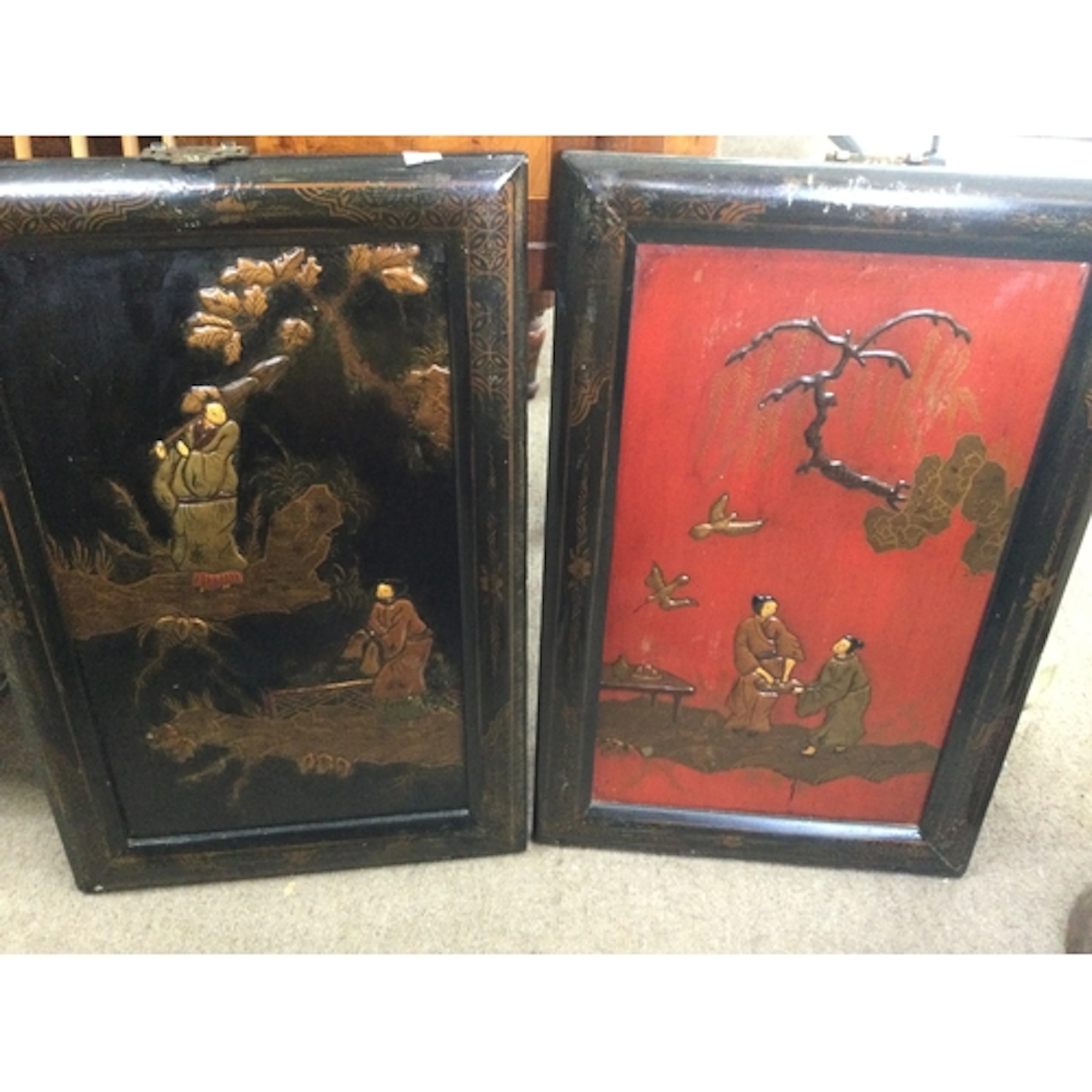 Pair of Chinese lacquer panels 60cm x 30cm