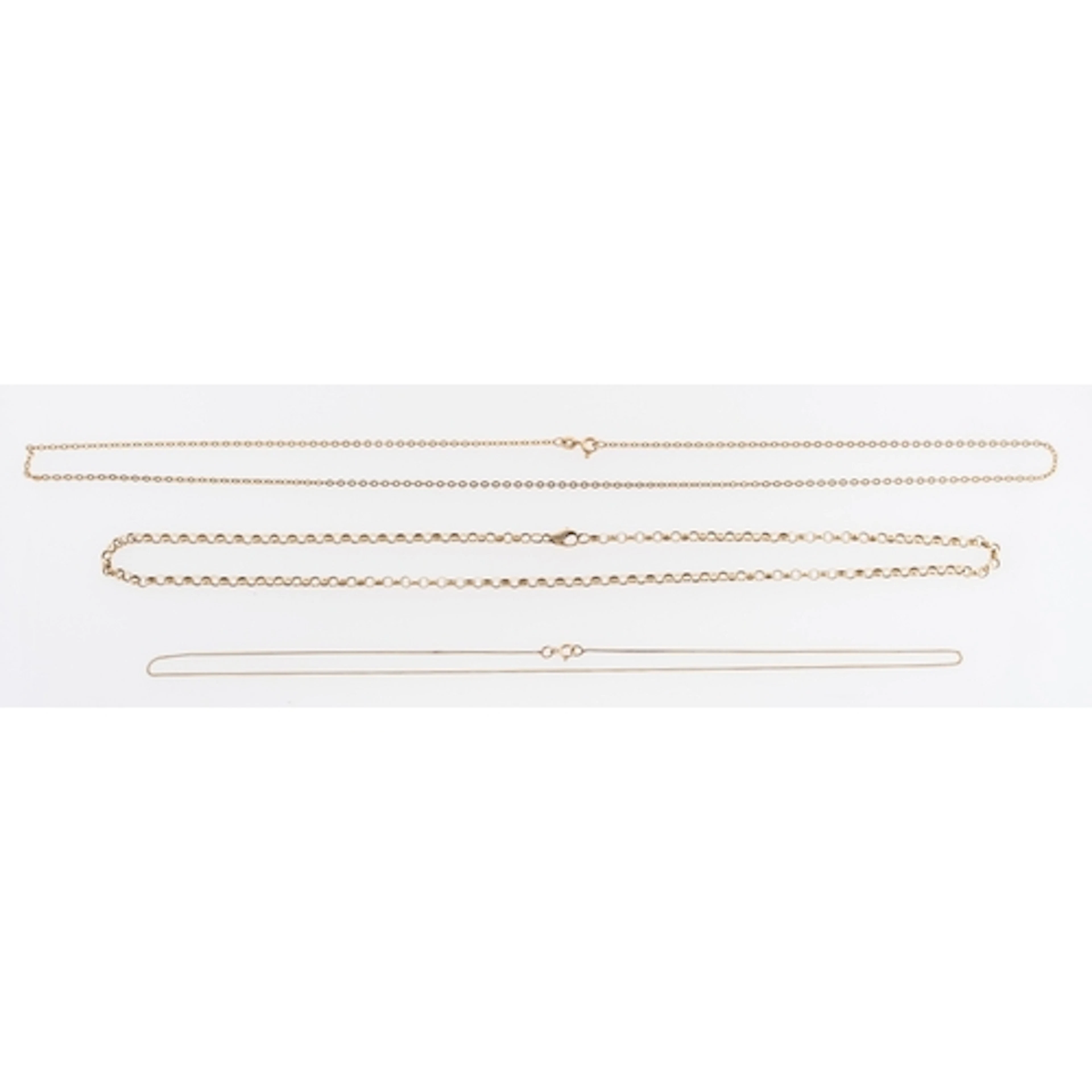 Three 9ct marked chains, one cable link with lobster clasp m...