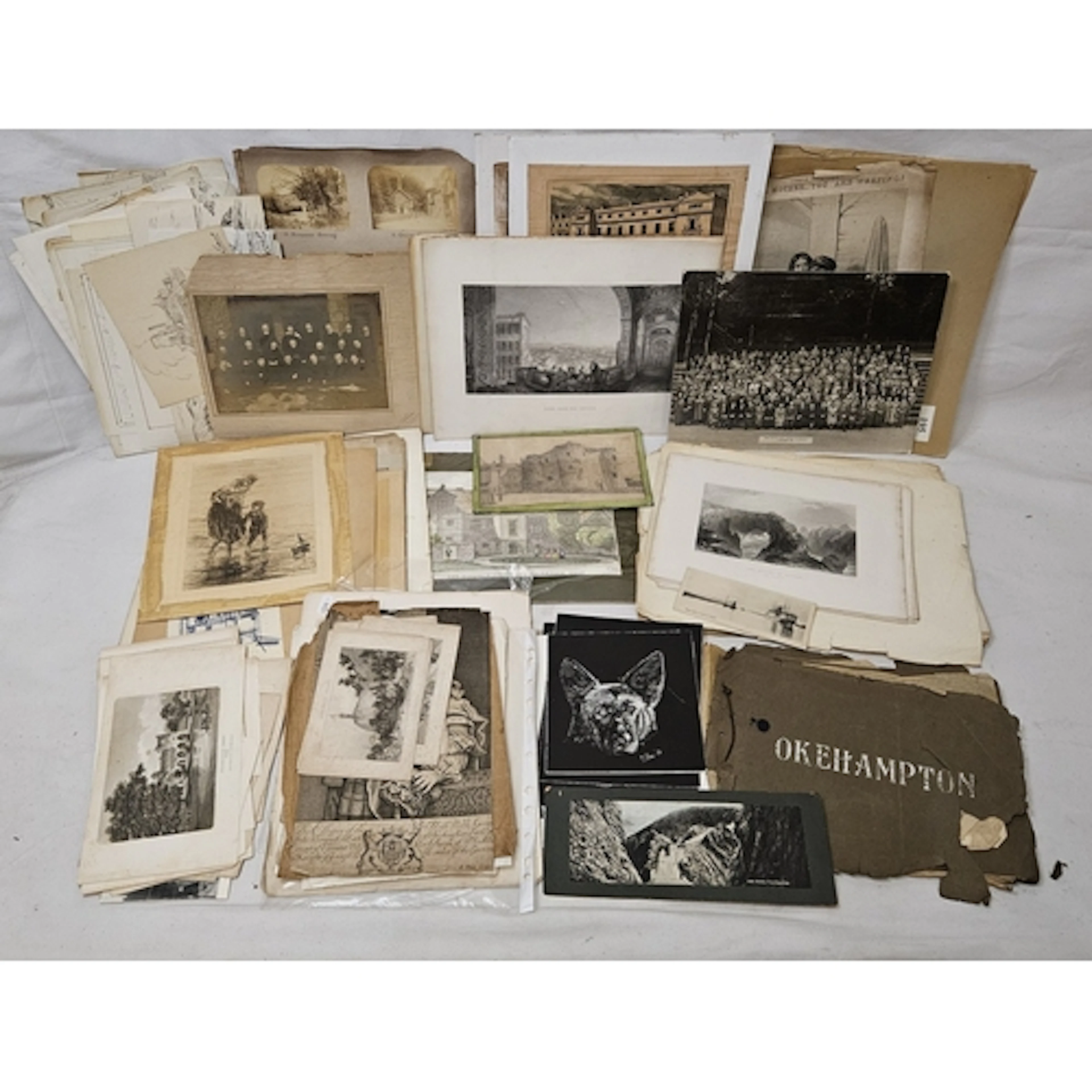 Prints incl. antique printed engravings landscape scenes, fi...