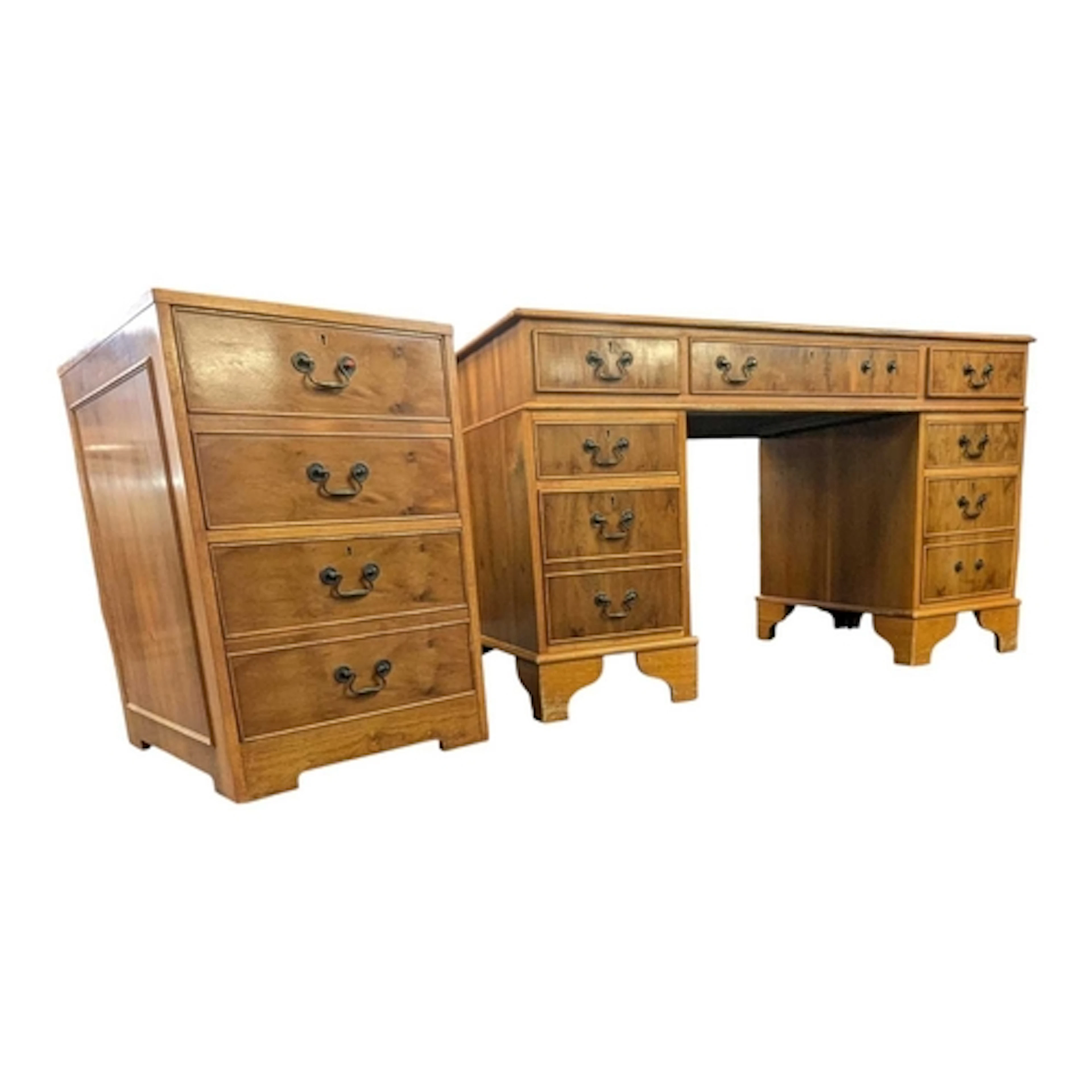 A George III reproduction yew wood twin-pedestal writing tab...