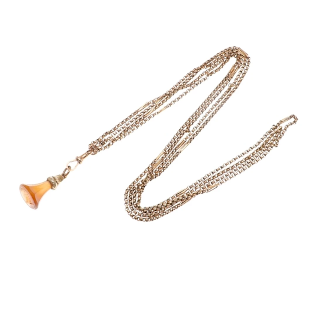 A 9CT GOLD WATCH CHAIN. formed with circular links, interspe...