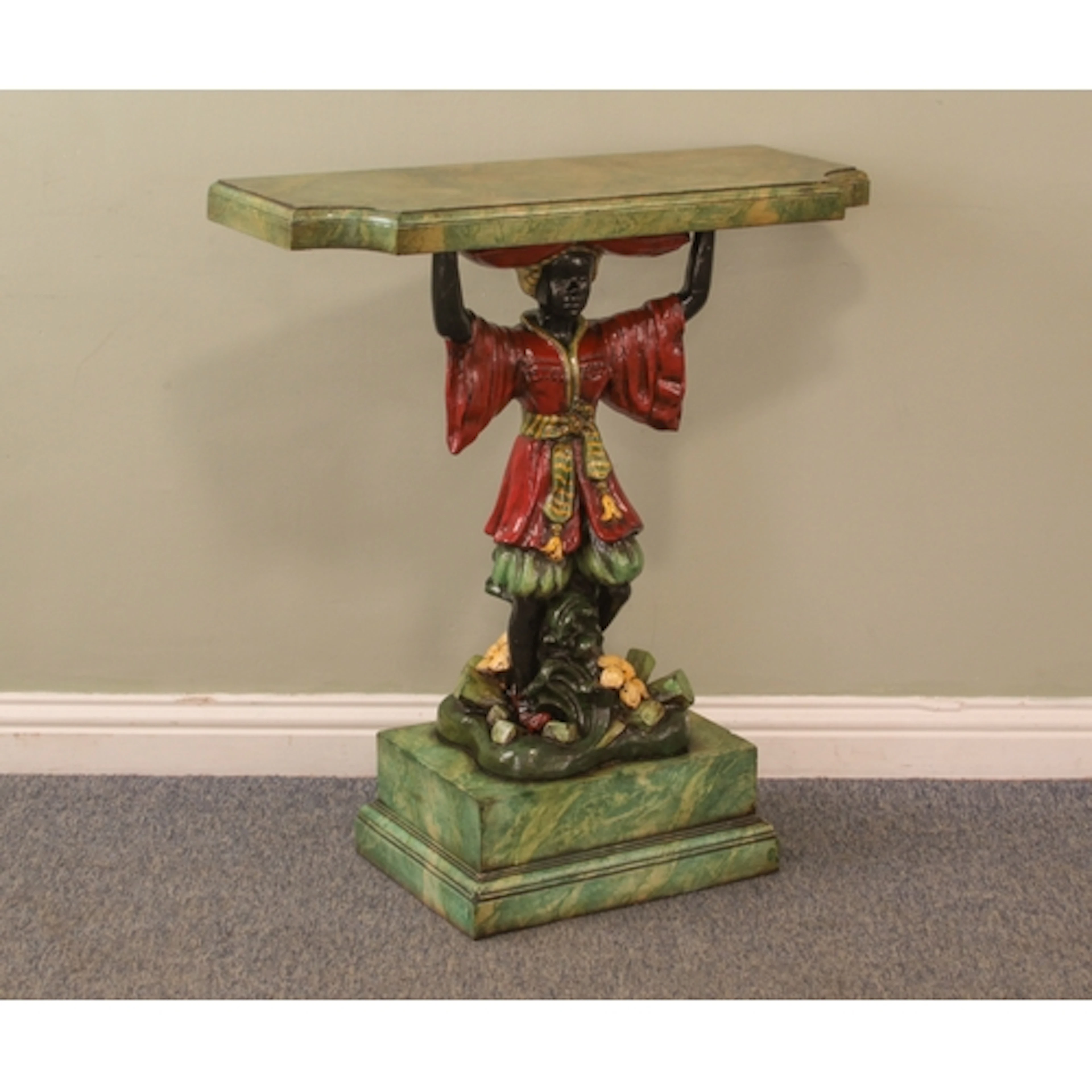 A Venetian style painted wood figural blackamoor console tab...
