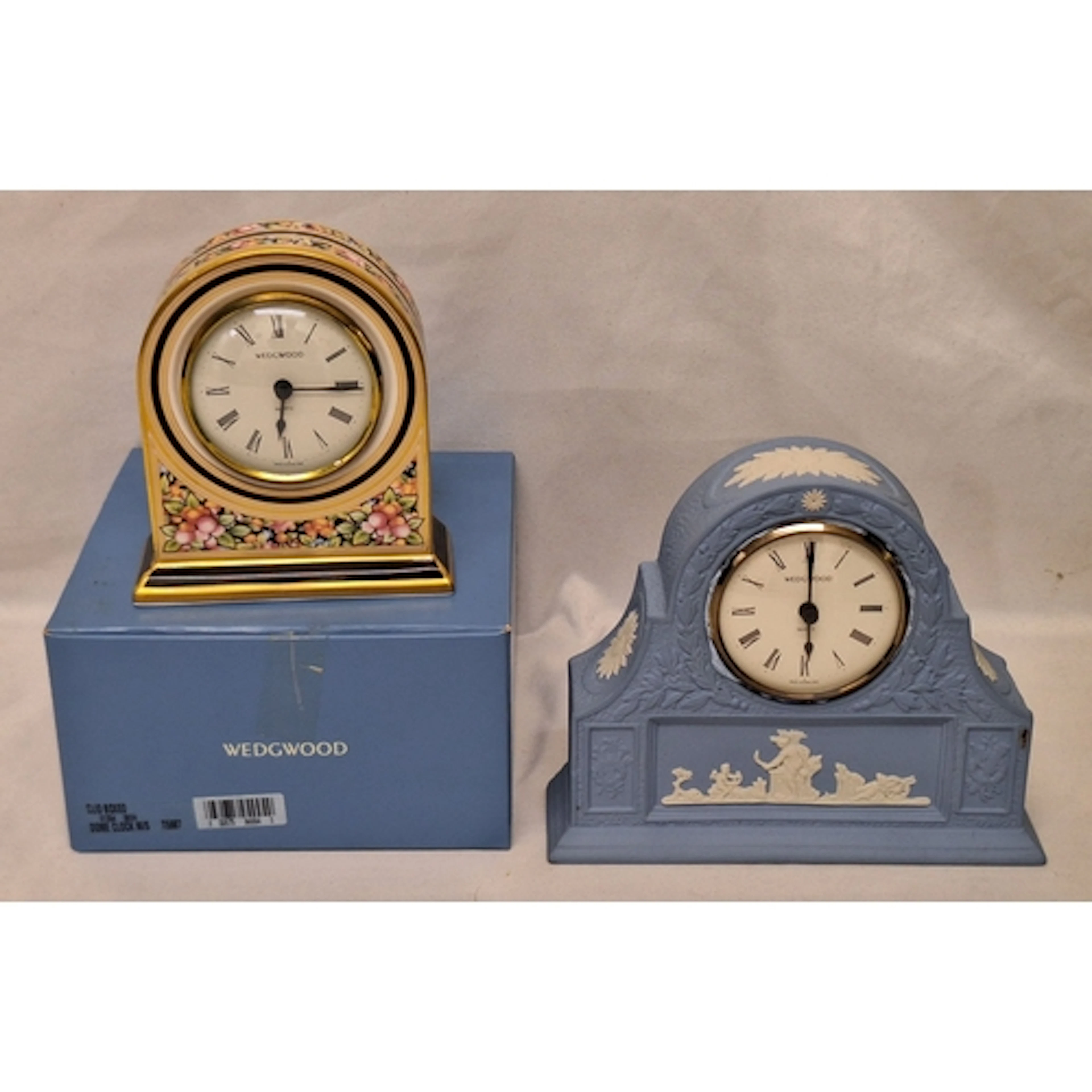 2 Wedgwood Mantel Clocks, blue Jasperware & boxed Clio desig...