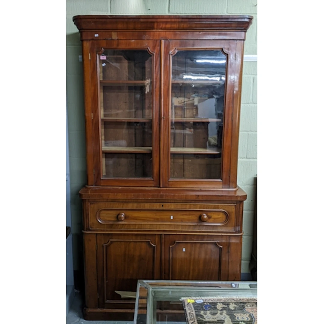A Victorian mahogany secretaire bookcase, twin glazed displa...