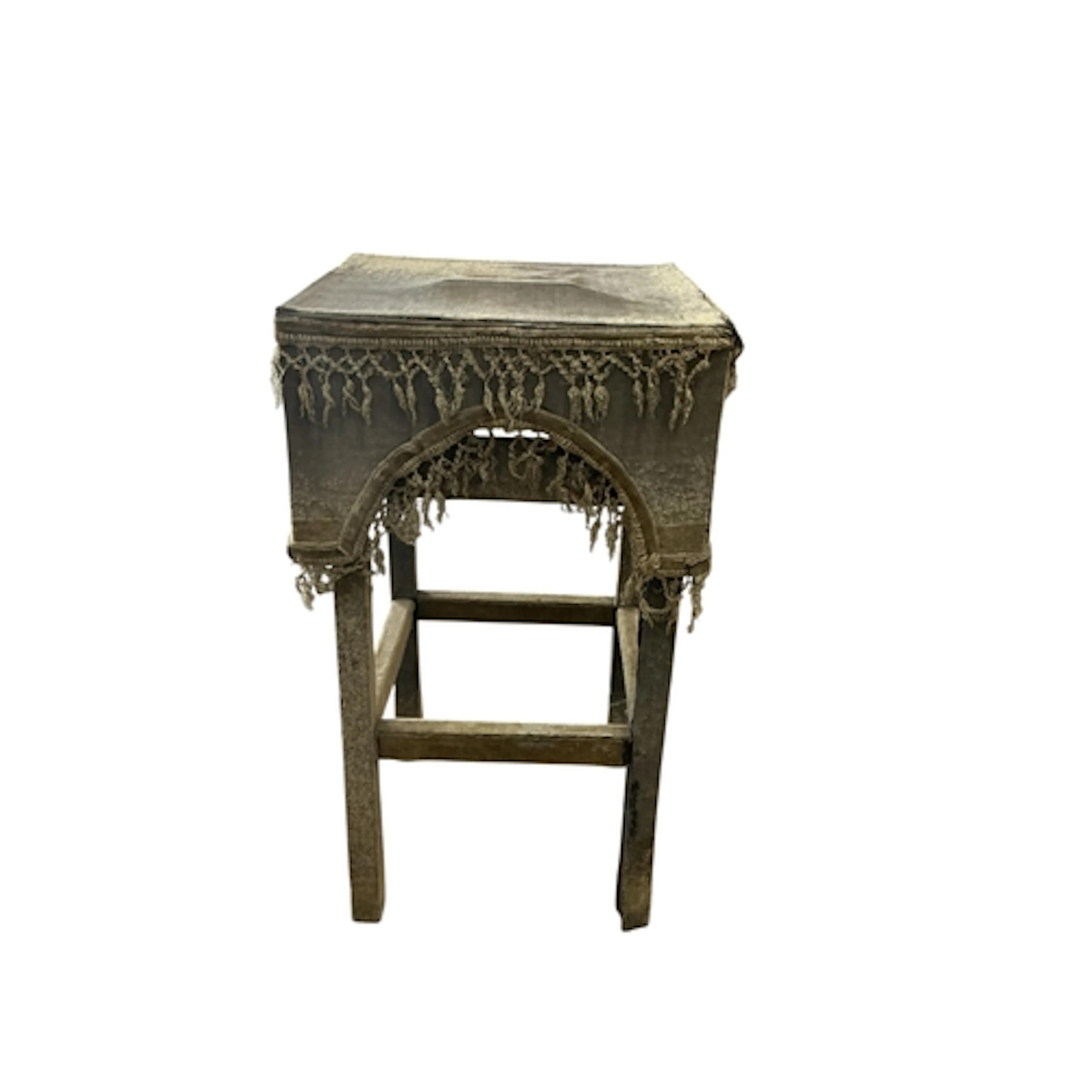 A Victorian square stand with velvet covered top and knotte...