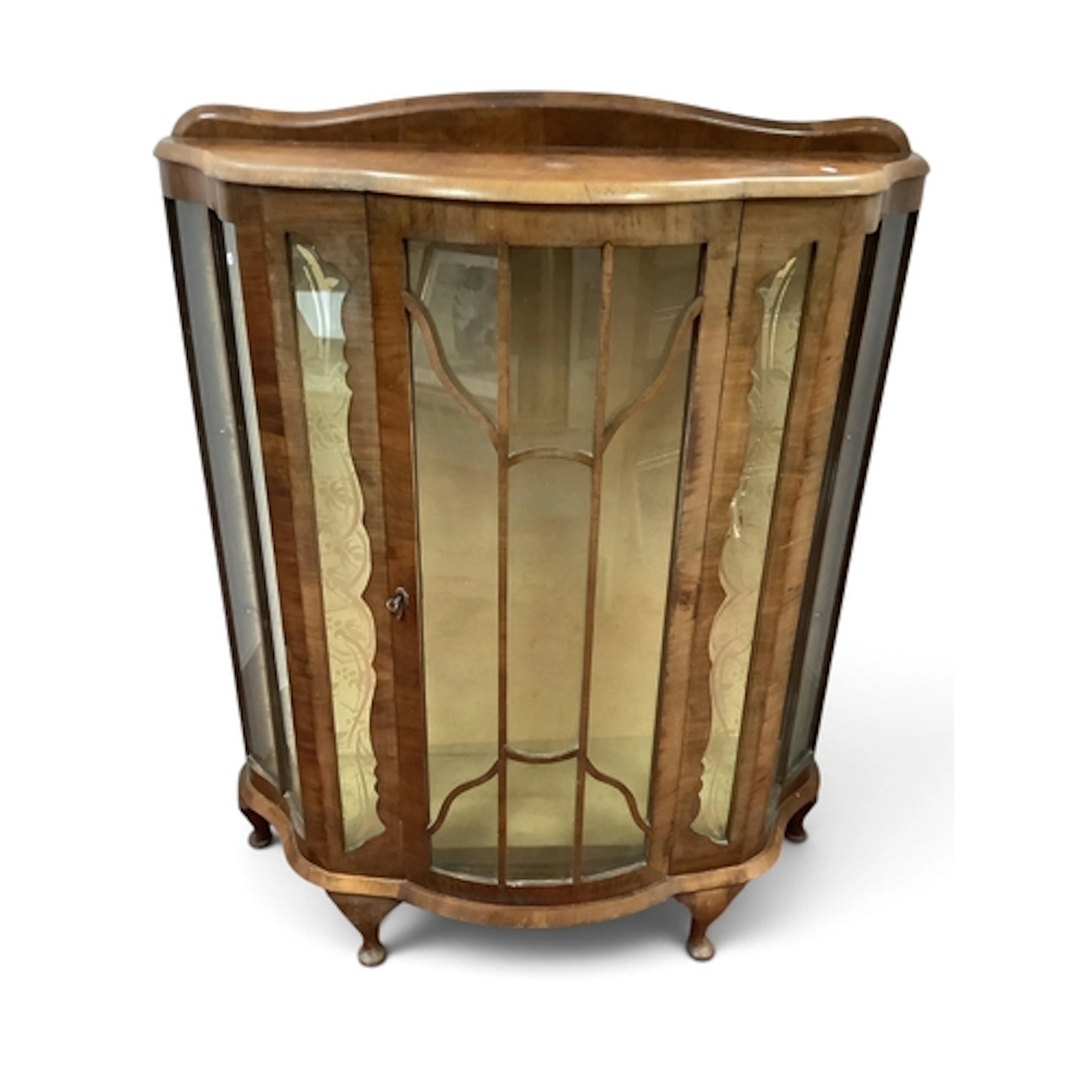 Mid XX Century Walnut China Cabinet with wavy front on squat...