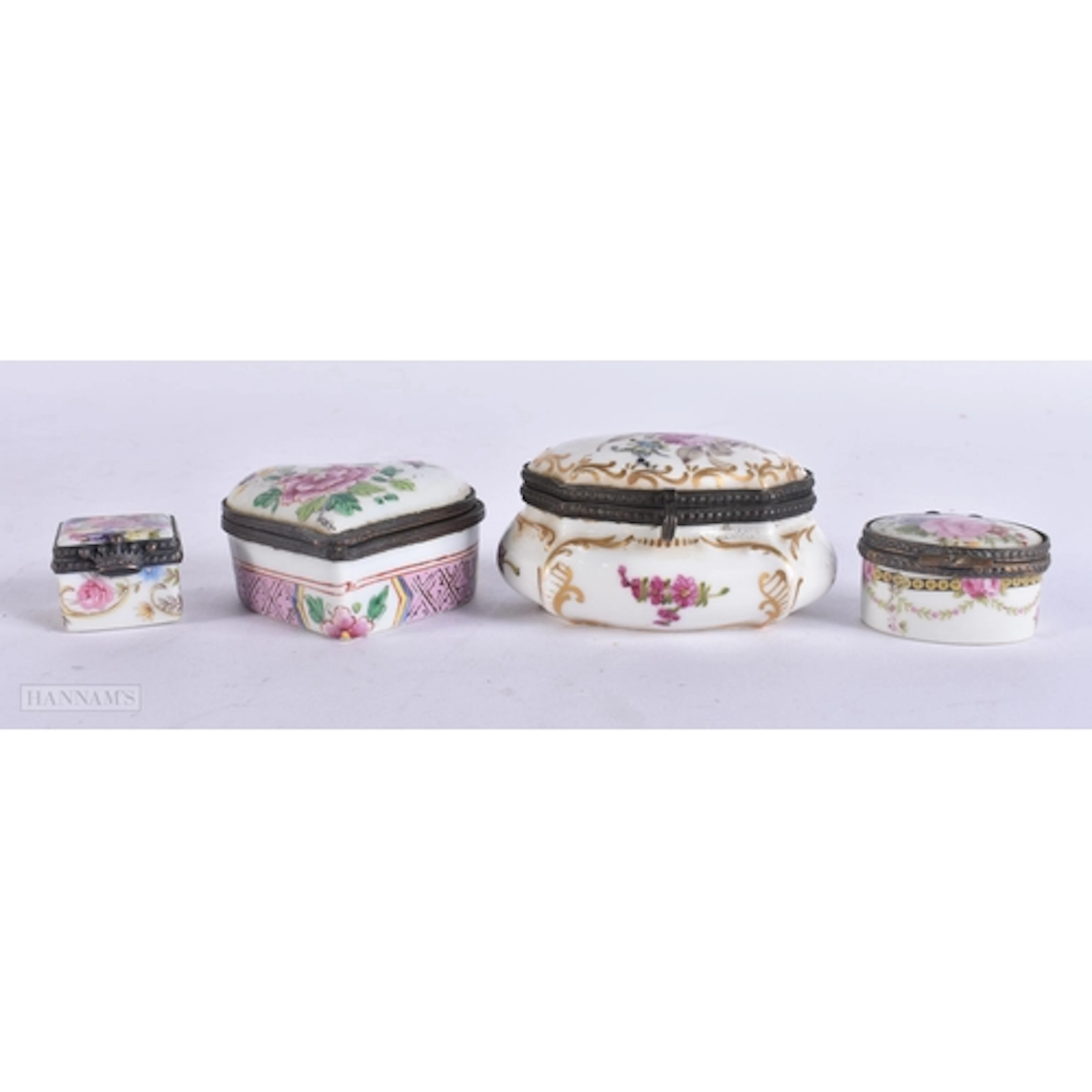 TWO ANTIQUE CONTINENTAL PORCELAIN BOXES together with two ot...