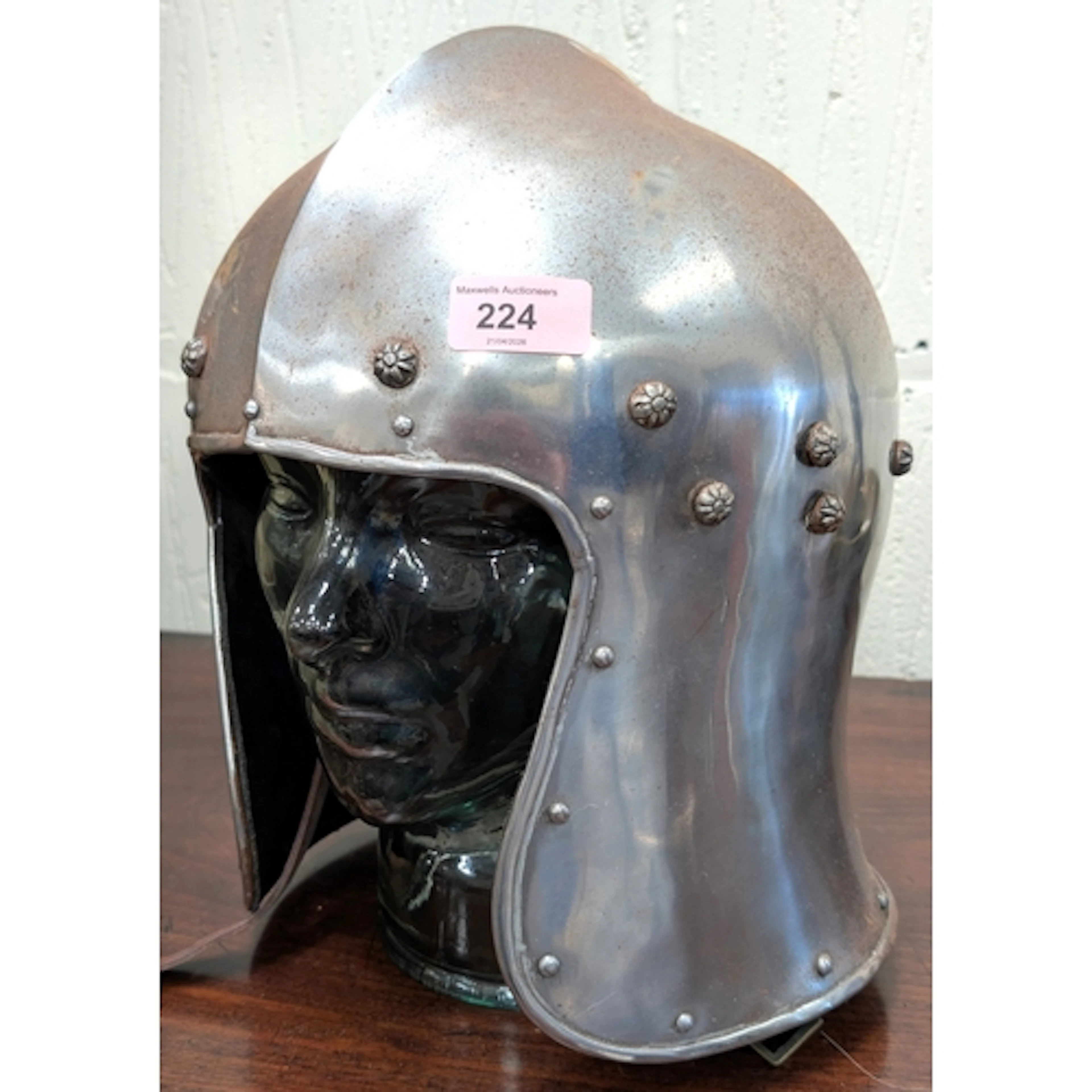 A reproduction medieval Italian Barbute Knights helmet