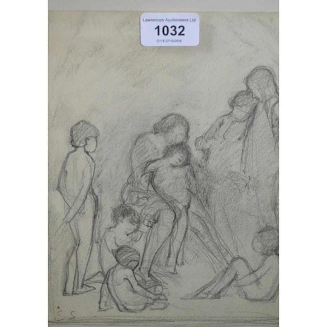 Pre-Raphelite style pencil drawing, figures gathered around ...