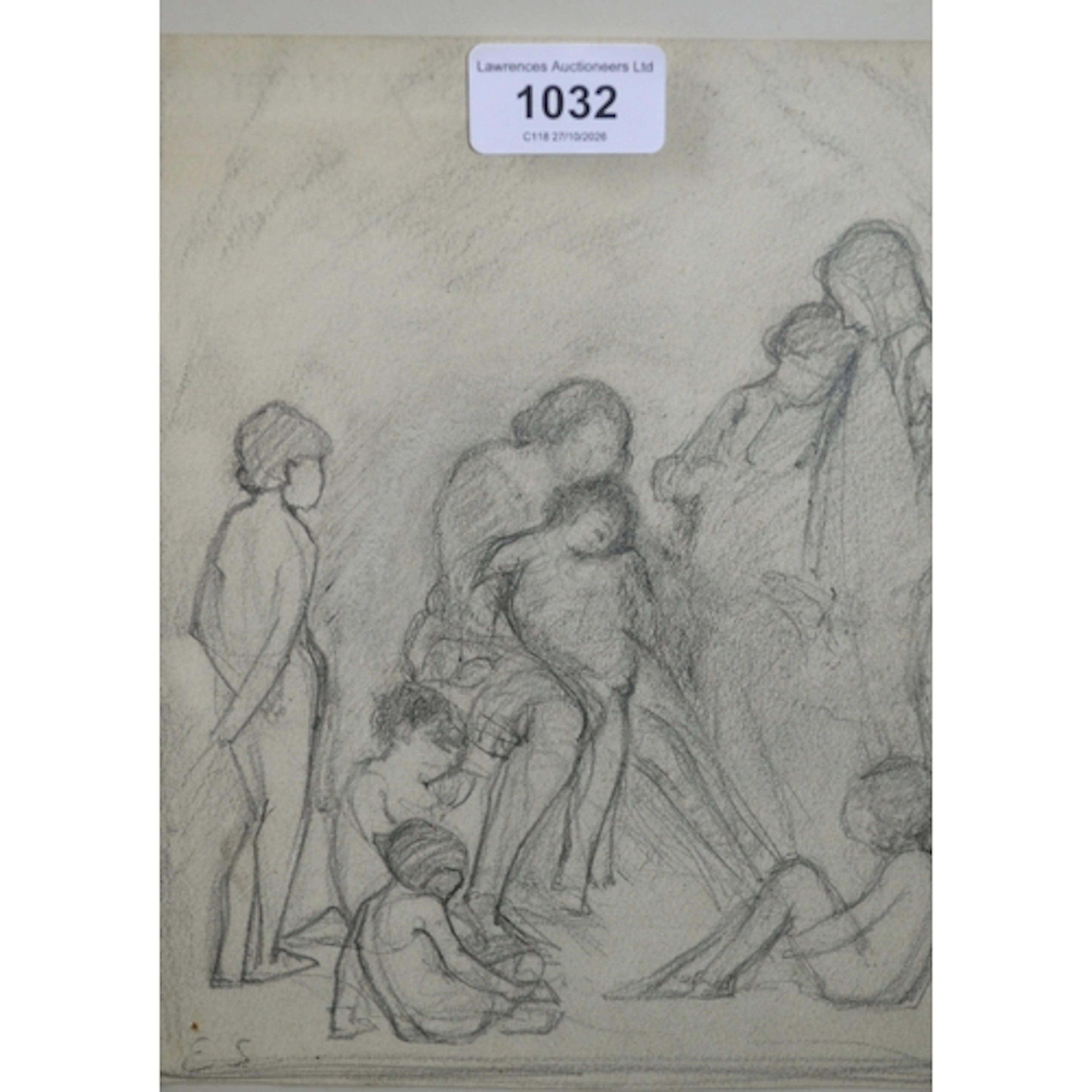 Pre-Raphelite style pencil drawing, figures gathered around ...