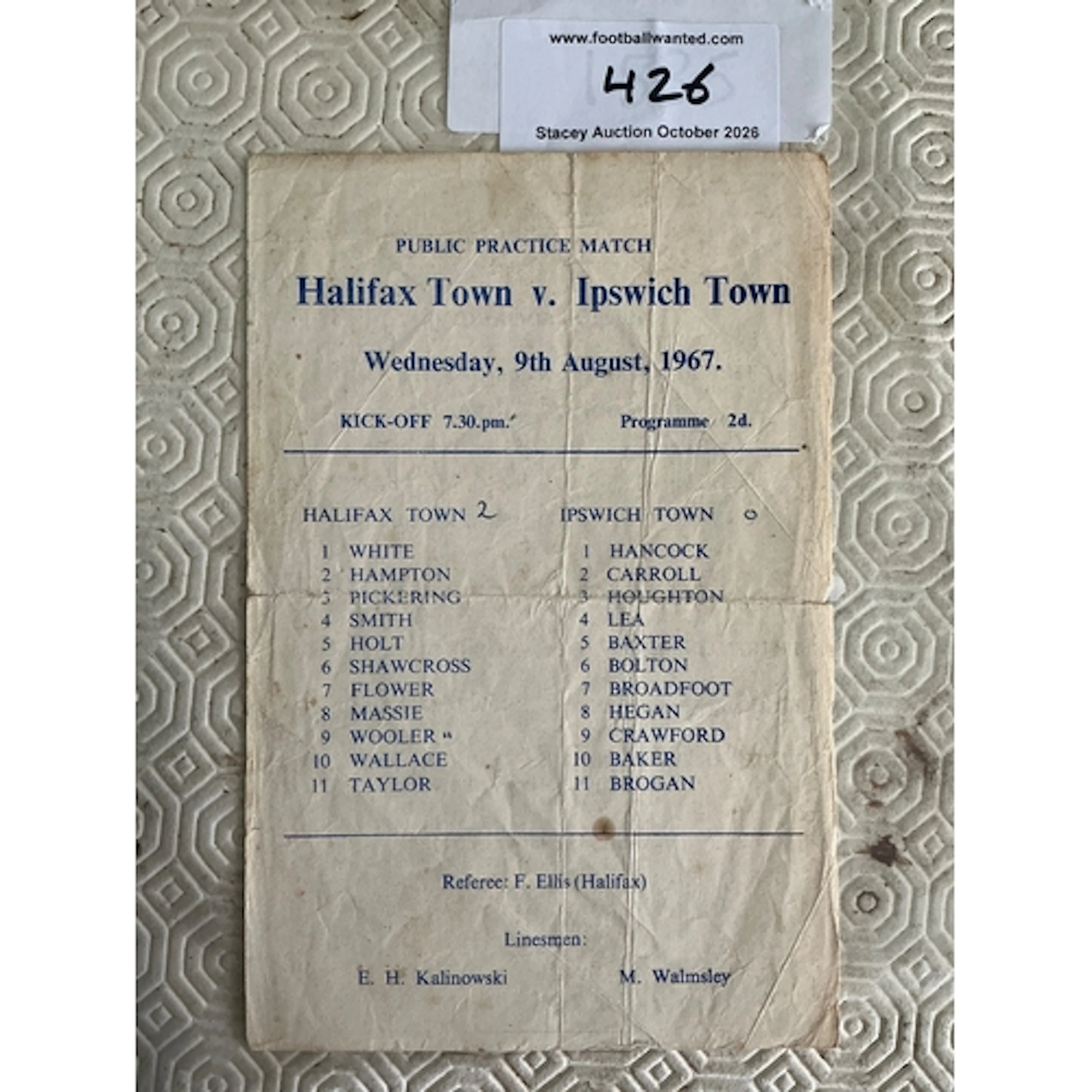 67/68 Halifax v Ipswich Practice Match Football Programme: R...