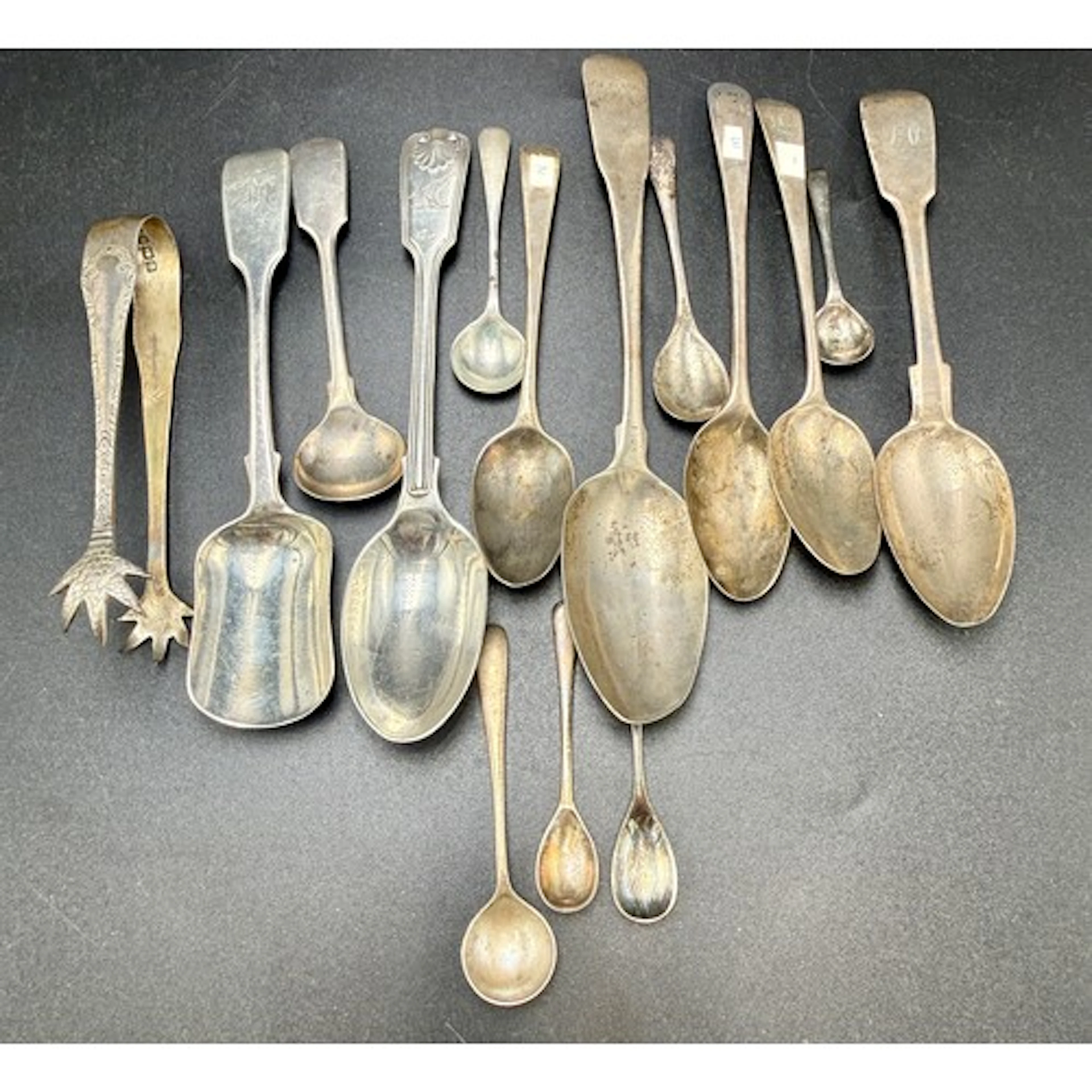 Hallmarked silver teaspoons, salt spoon and sugar tongs, var...