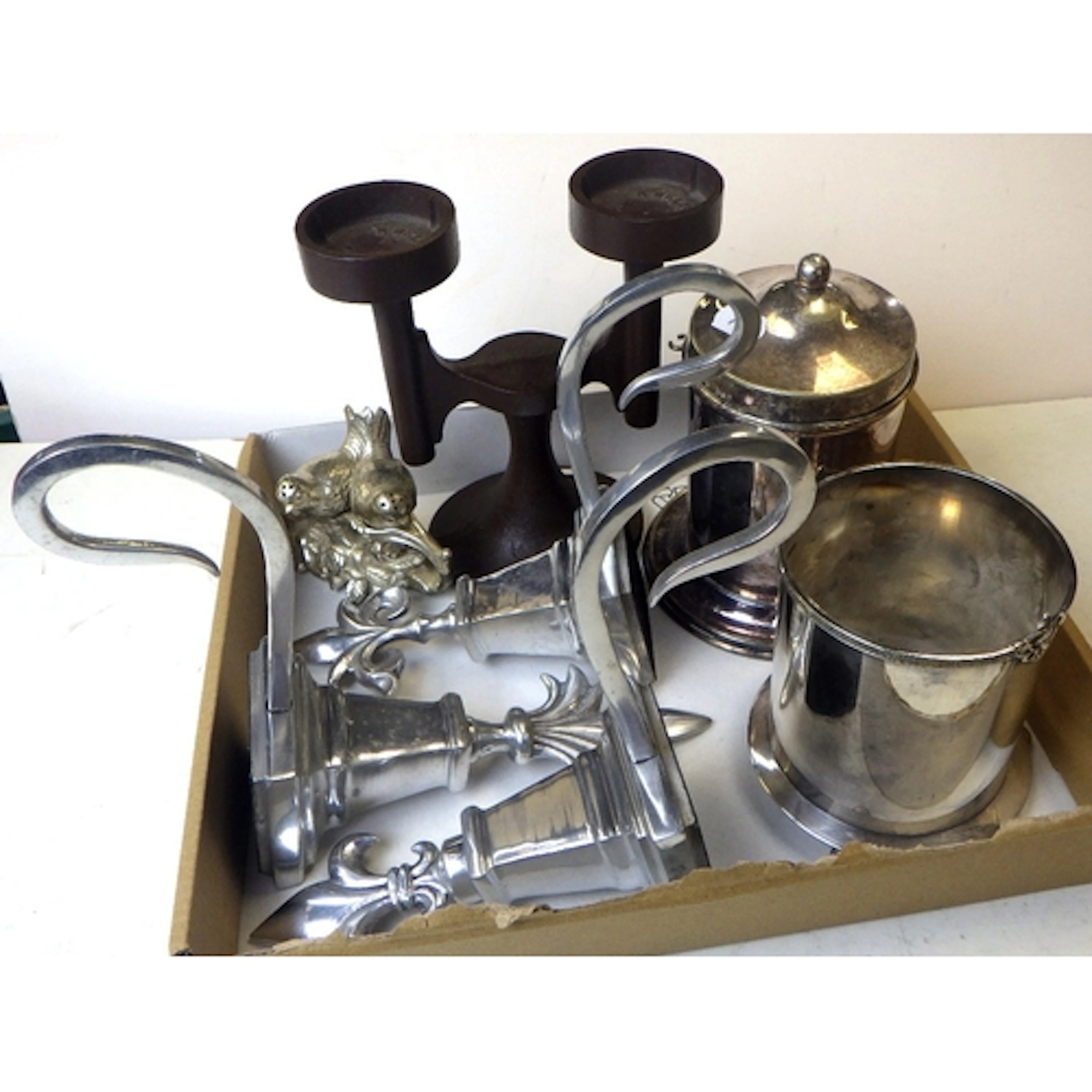 An R Welsh candle stand together with a qty of silver plate ...