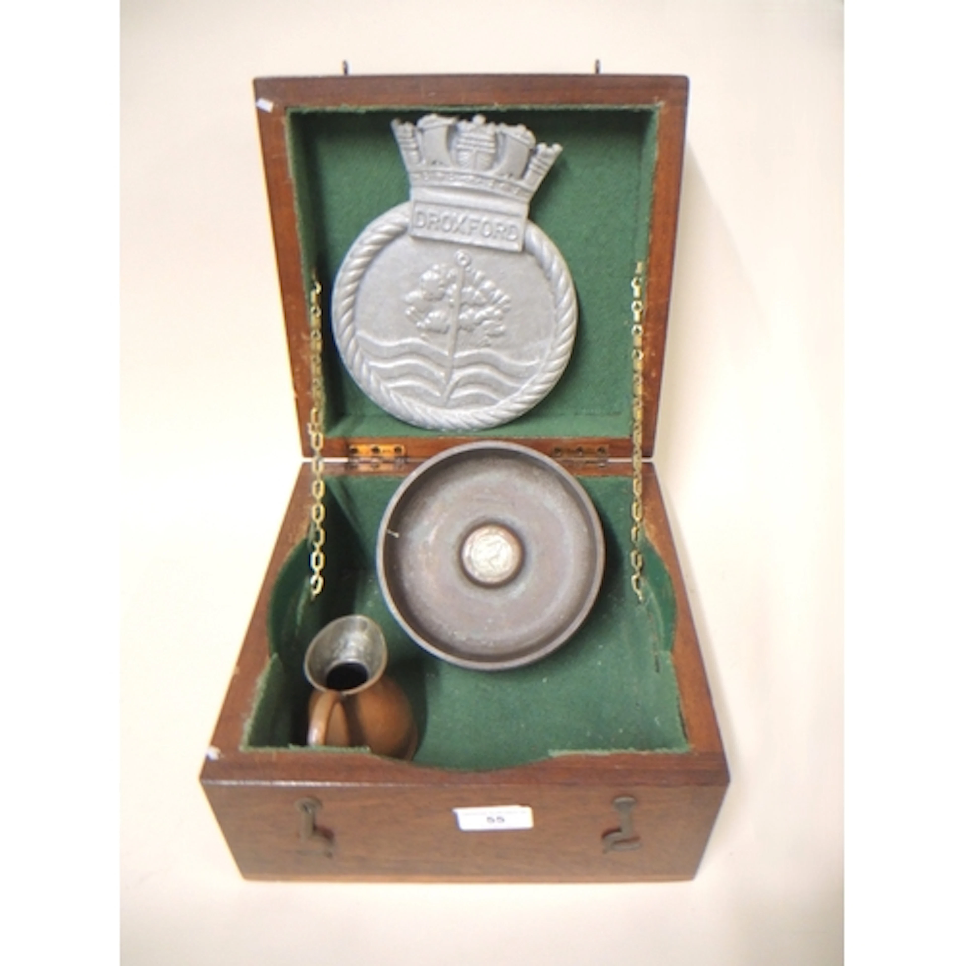 HMS Droxford American Navy ship's plaque and a wooden compas...