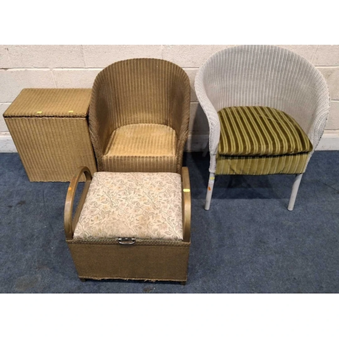 ONE WHITE AND THREE GOLD PAINTED WICKER ITEMS Qty: (4) all...
