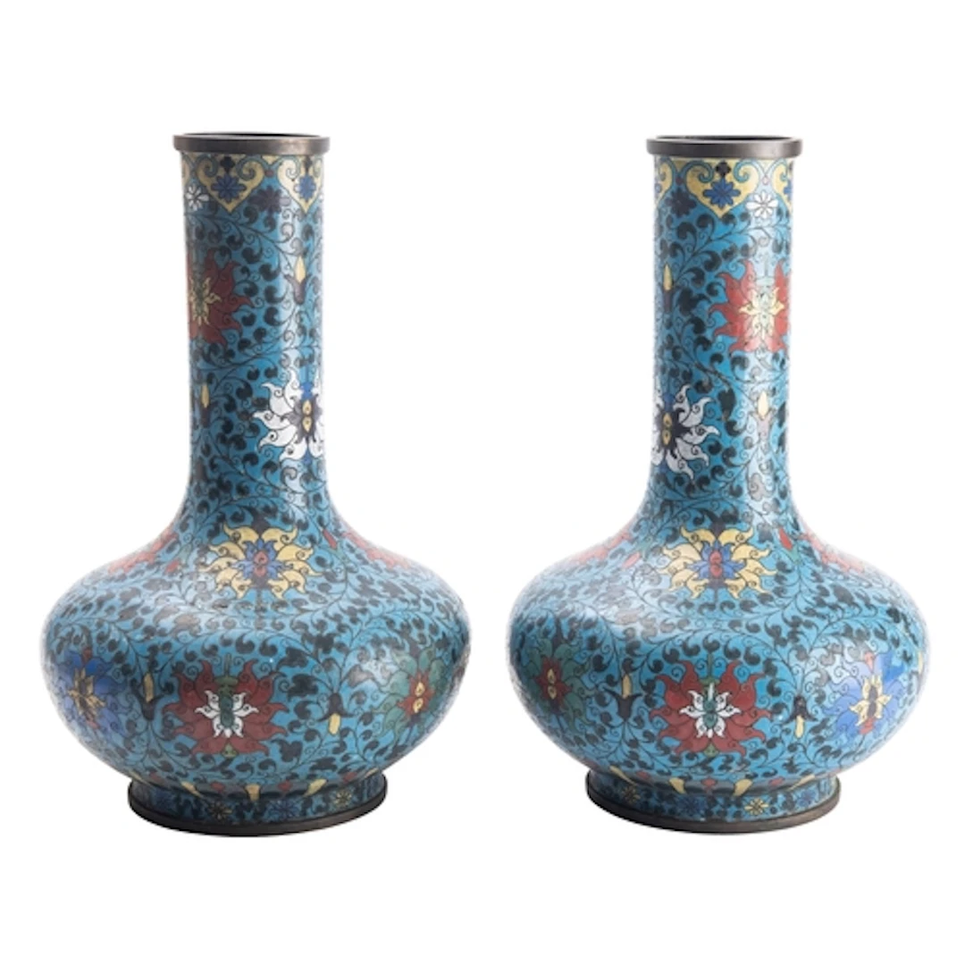 A pair of large Chinese cloisonne 'lotus' bottle vases, late...