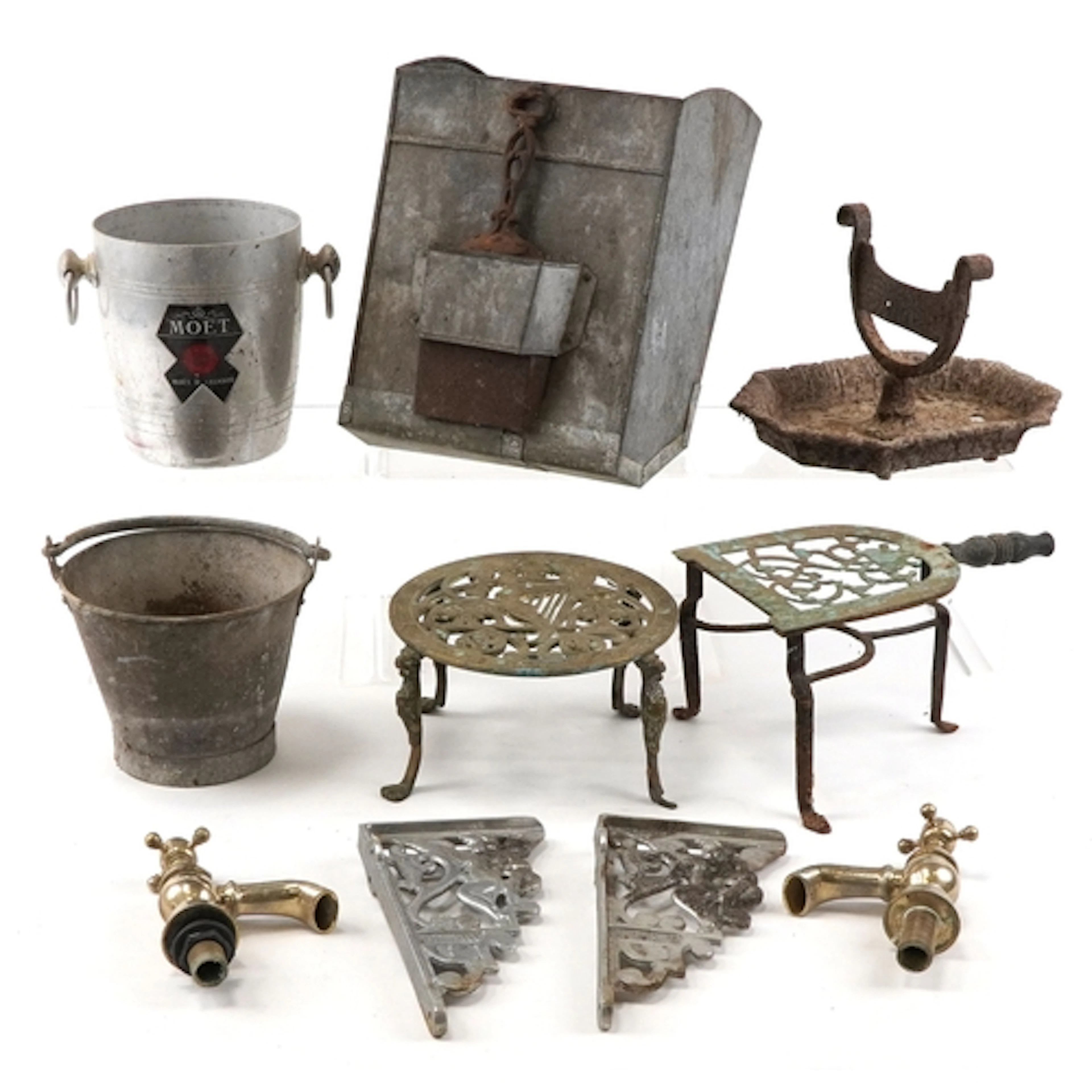 Sundry items including Victorian brass trivets, cast iron bo...