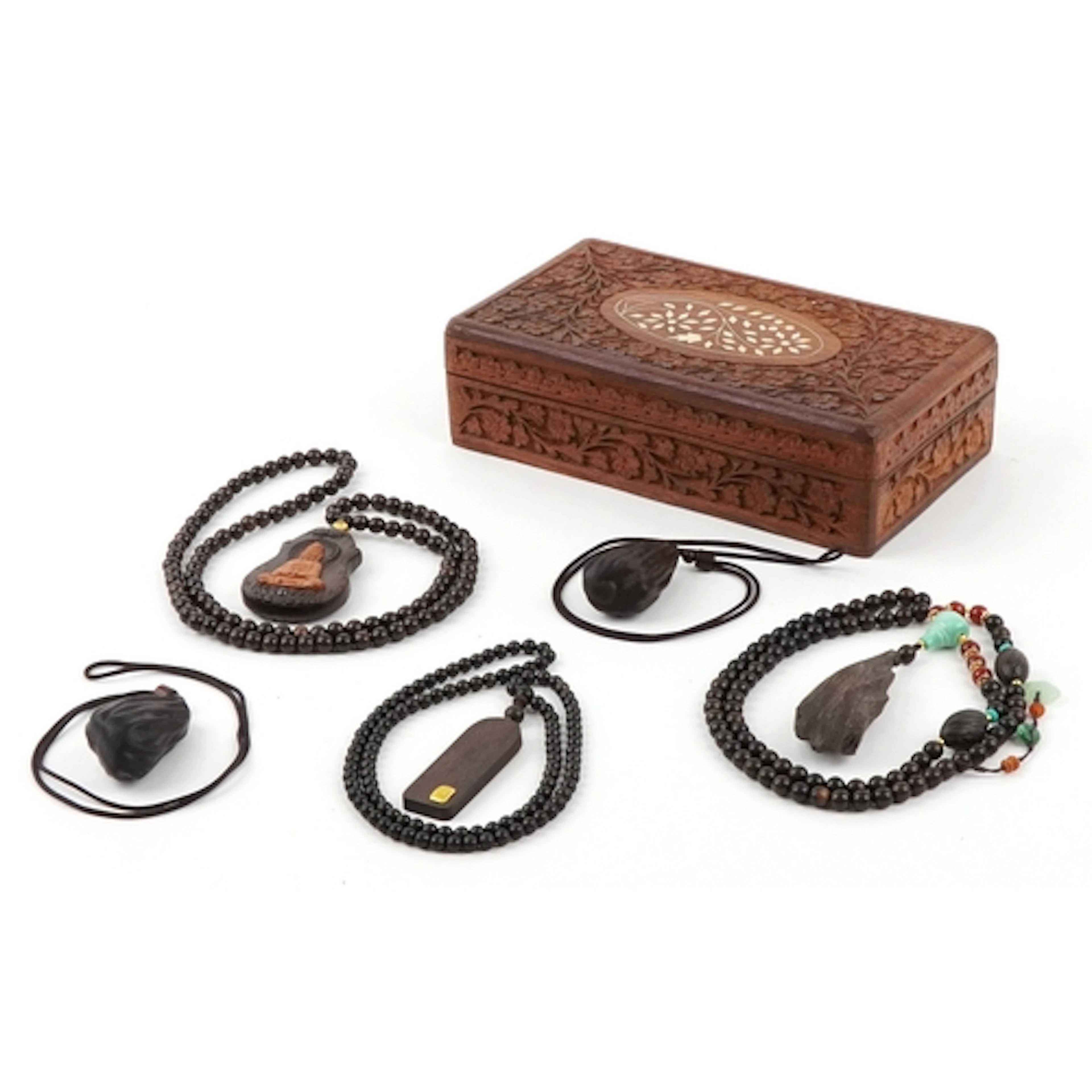 Five Chinese style wooden pendants, three on beaded necklace...