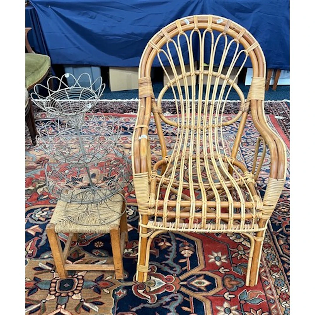 Wicker conservatory chair, rush footstool and a wired cake s...