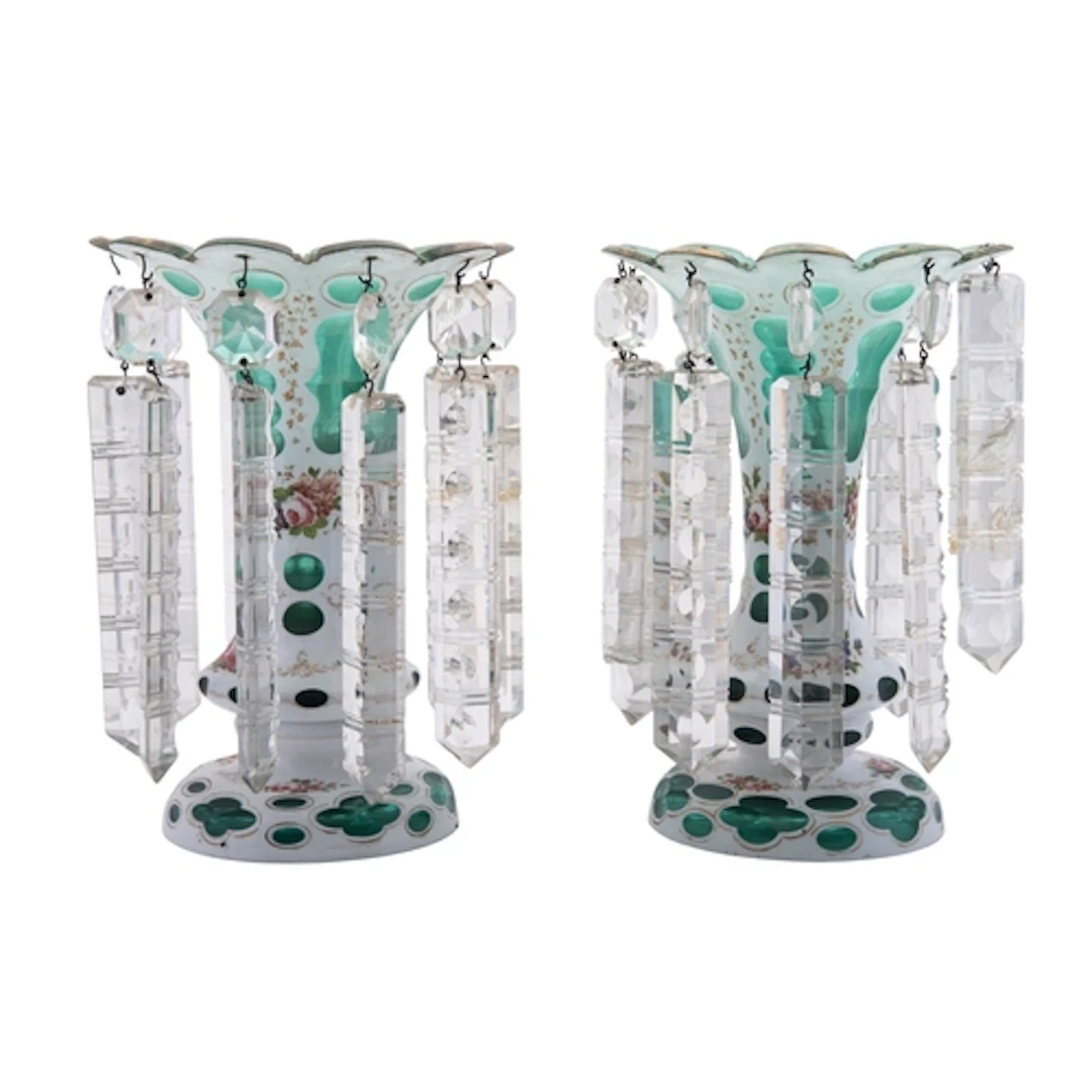 A pair of Bohemian white and green overlay glass lustres, la...