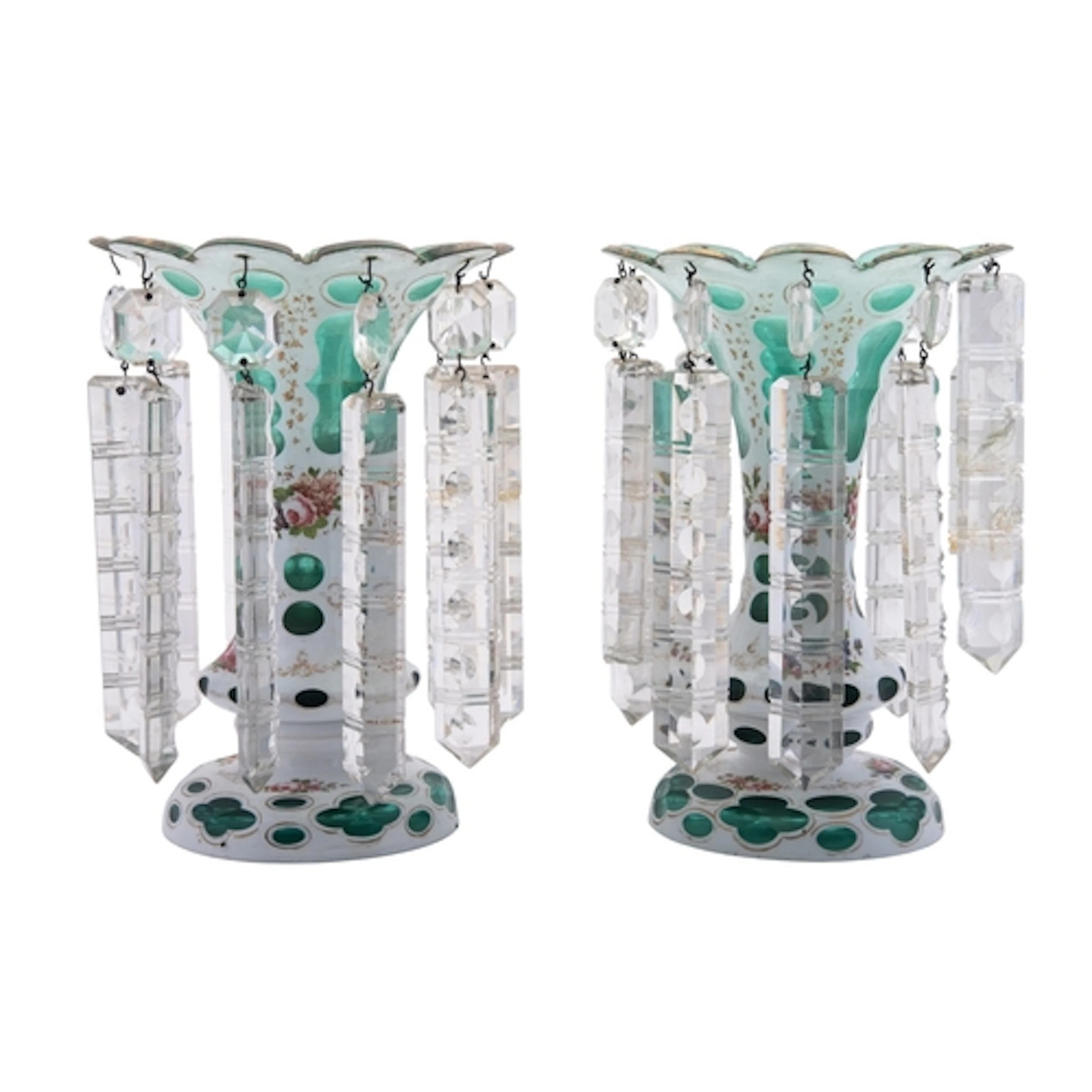 A pair of Bohemian white and green overlay glass lustres, la...
