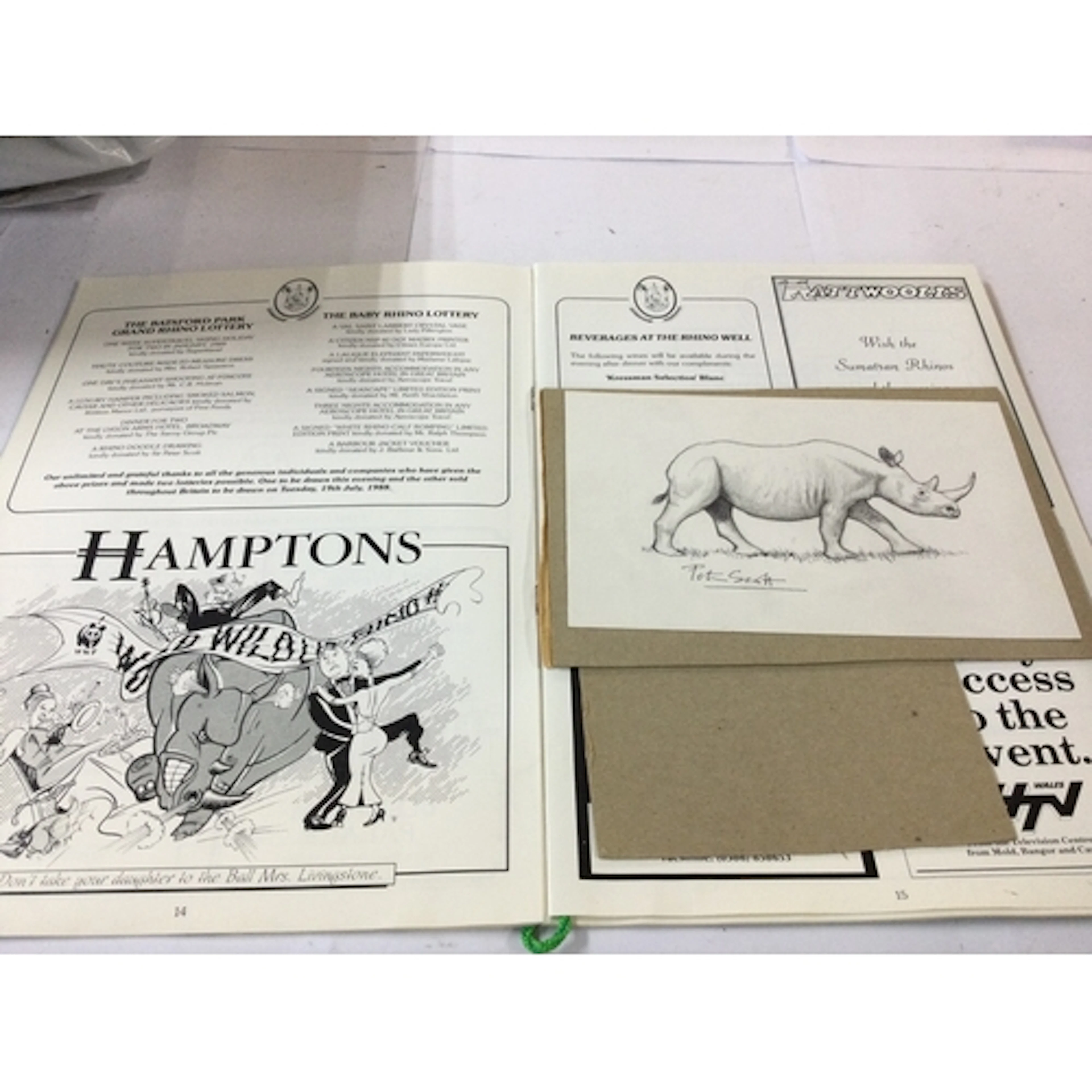 A Peter Scott signed pencil drawing of a rhino and a Batsfor...