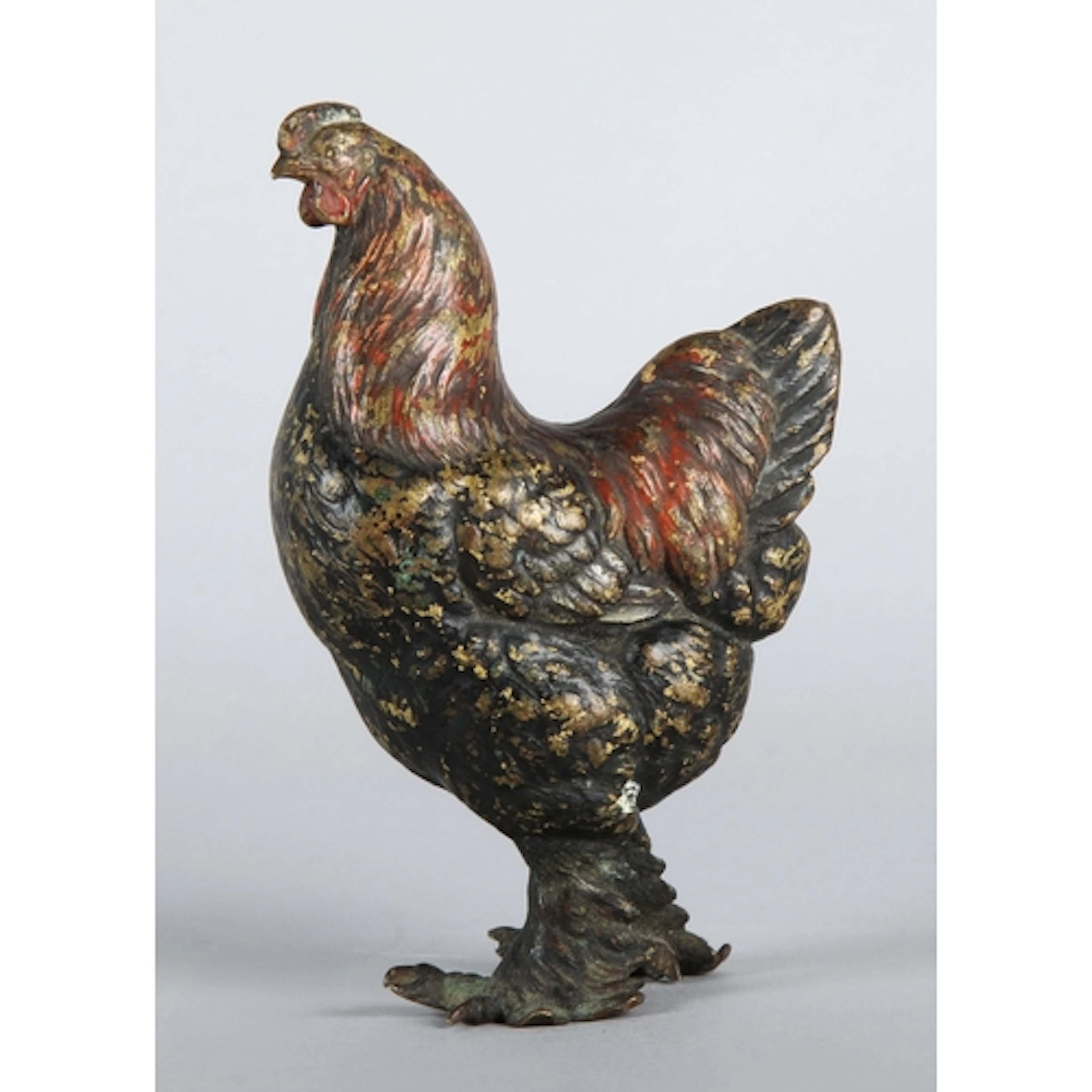 Cold painted bronze model of a cockerel, 11cm H.