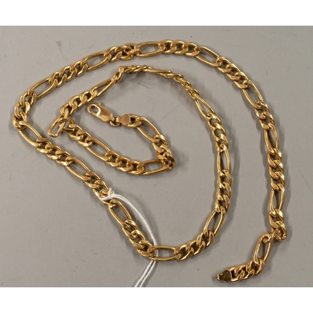 Jewellery: a 9ct yellow gold Figaro link necklace, with lobs...