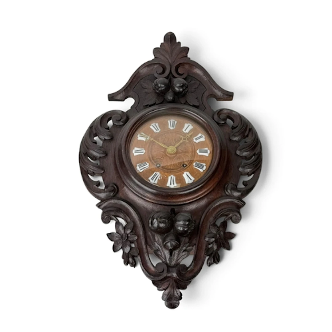 A LATE 19TH CENTURY CARVED OAK CARTOUCHE SHAPE WALL CLOCK Tw...