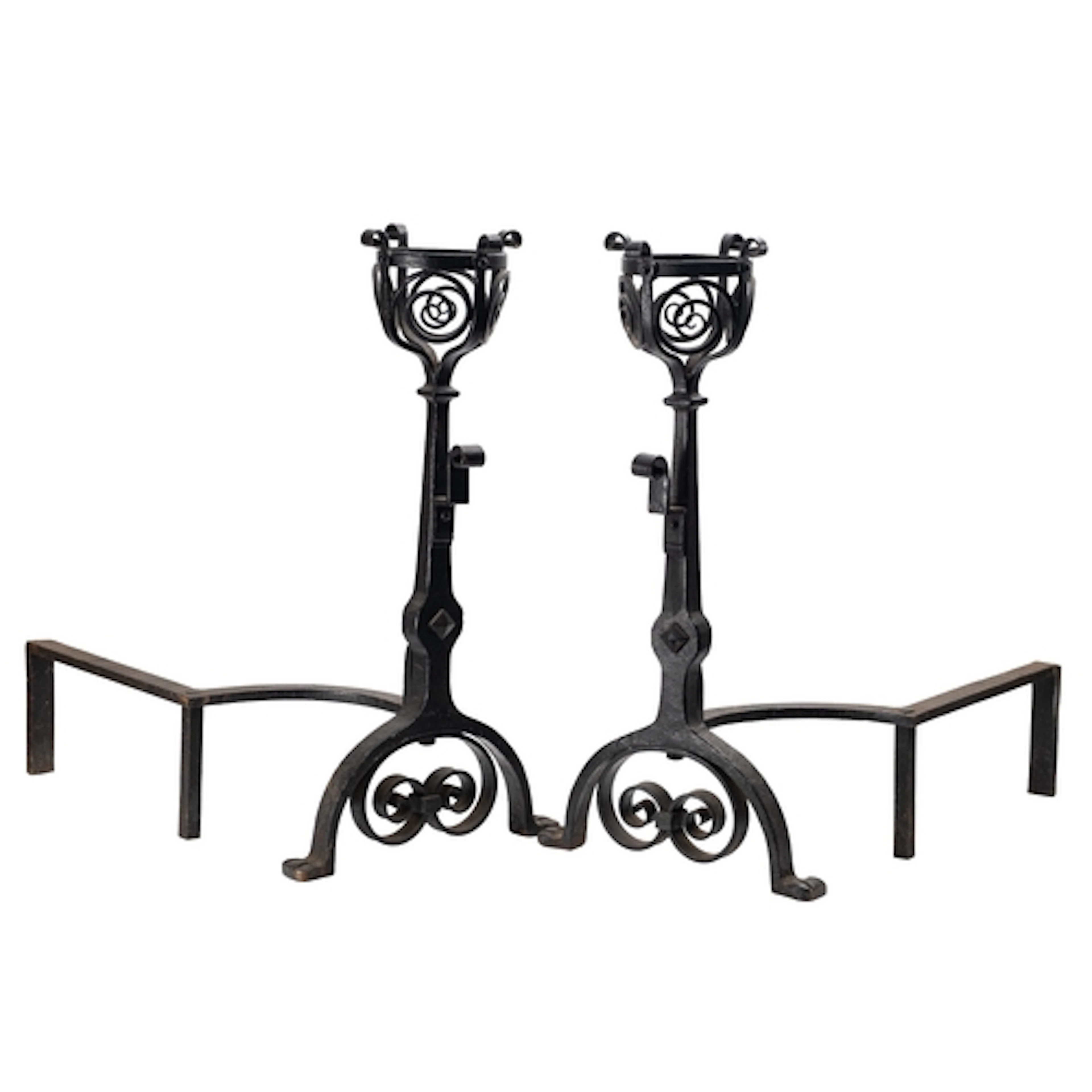 A pair of wrought iron andirons in 17th century style, early...
