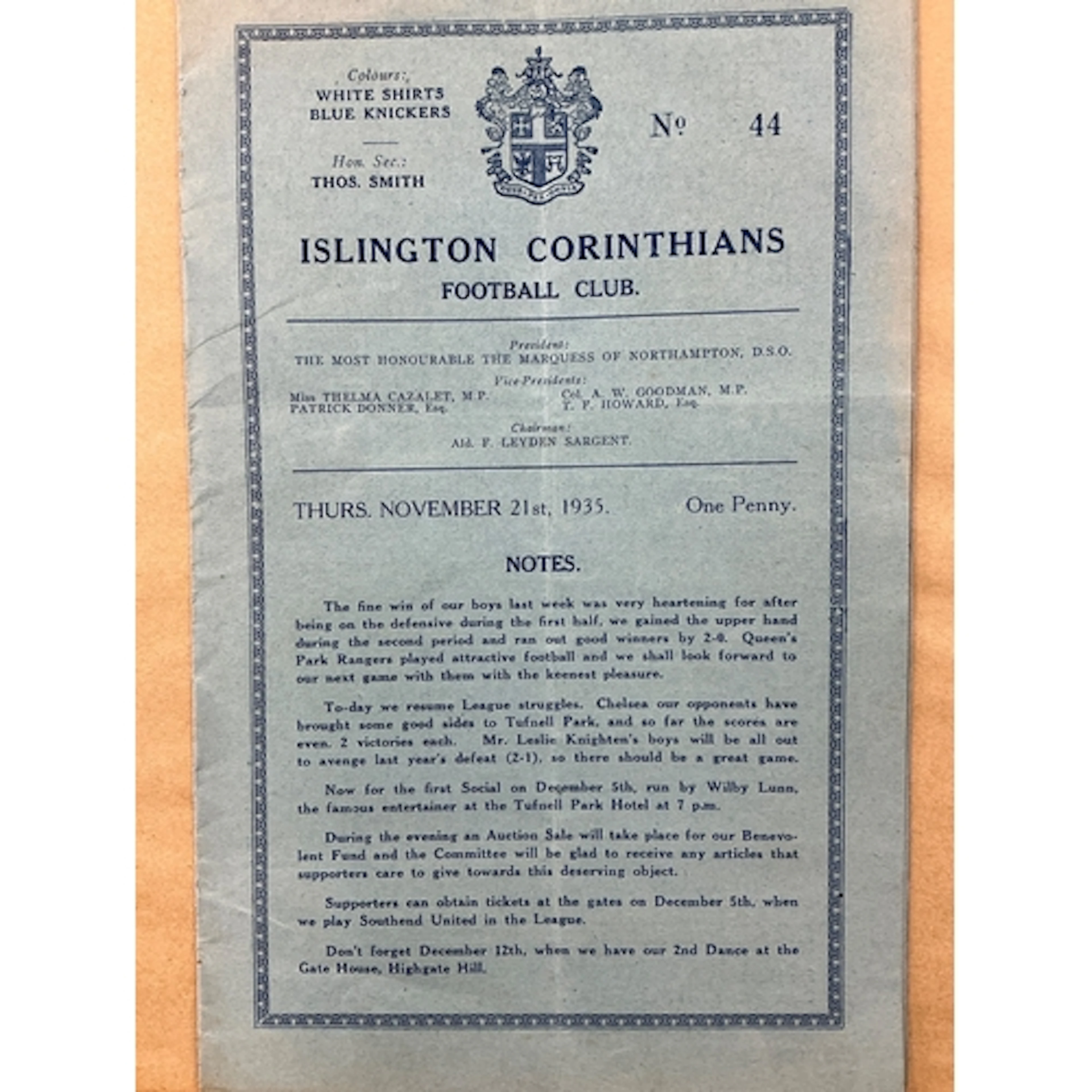 1935 - 1936 Islington Corinthians v Chelsea Football Program...