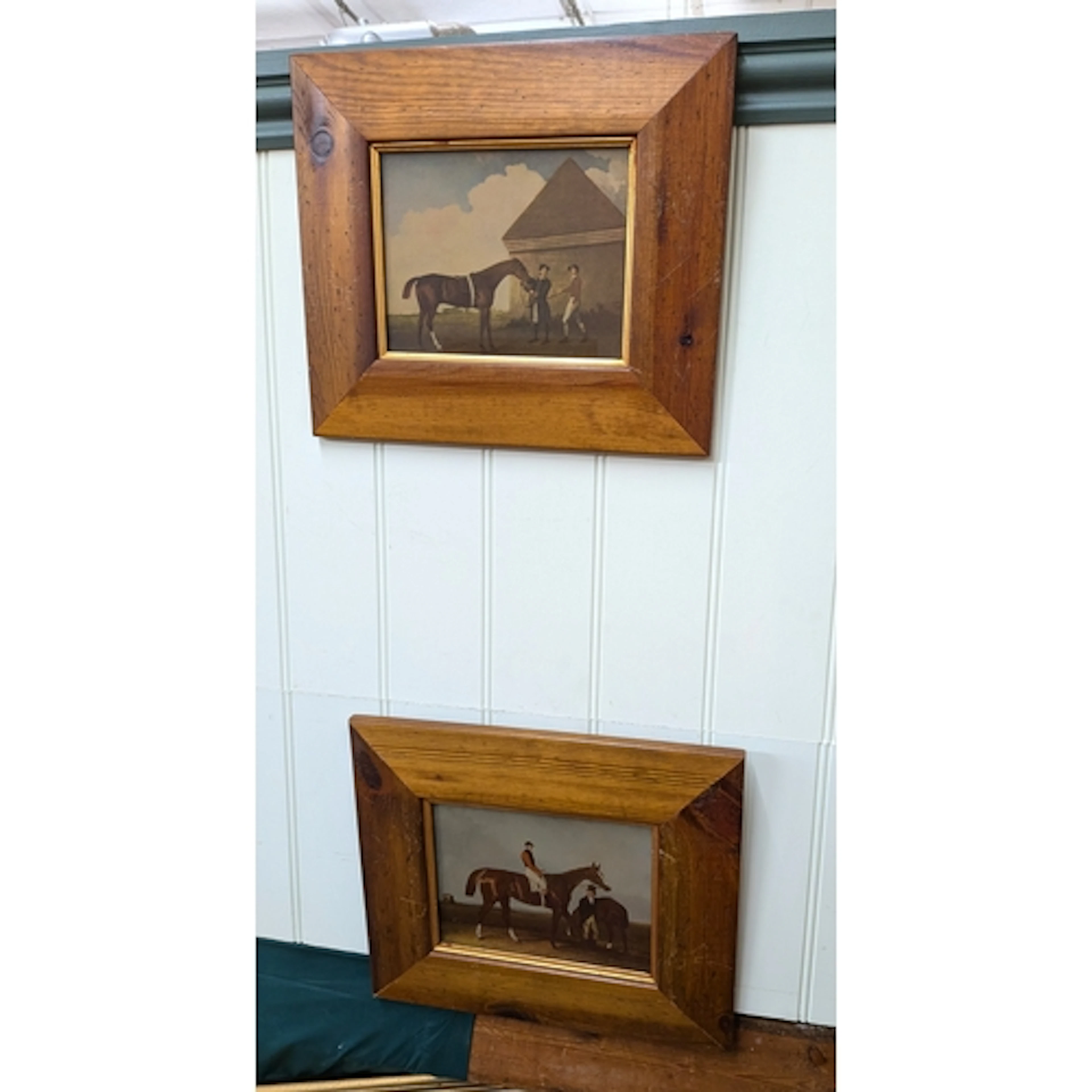 A pair of framed pictures of race horses together with two f...