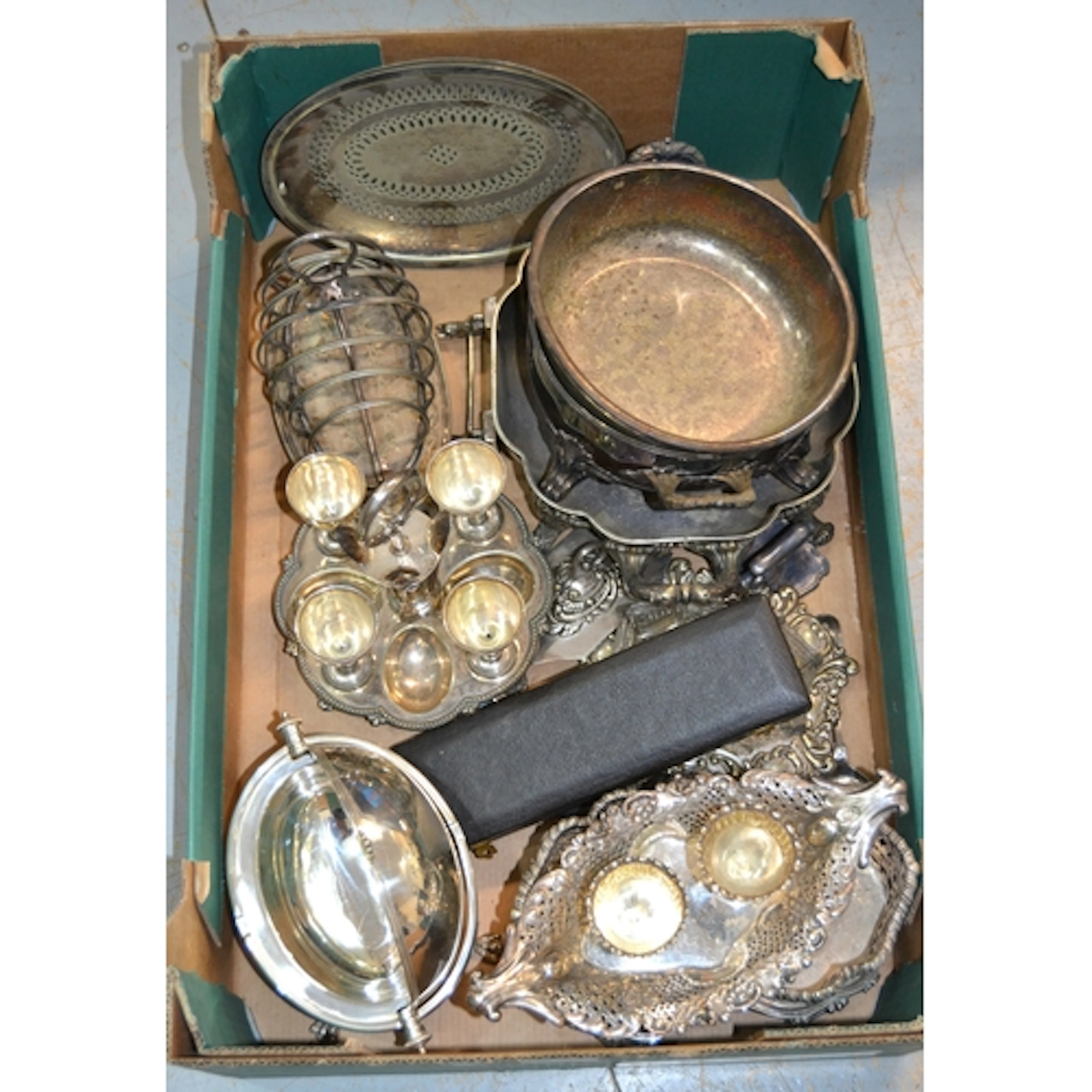 Box containing a quantity of various silver plated egg cup s...
